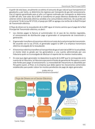 Garantía por Red Principal (GRP)
123 
A partir de esta base, anualmente se estima el consumo de gas natural que transportaría el
gasoducto y, por tanto, se determina los ingresos por transporte de gas del concesionario.
Con el ingreso garantizado para el año y el ingreso estimado por transporte se determina
la GRP del año. Este valor de la GRP se transforma en peaje eléctrico dividiendo el monto
anterior entre la demanda eléctrica vendida a los consumidores eléctricos. De acuerdo con
el numeral 7.6 de la Ley Nº 27133, el peaje por GRP se agrega a las tarifas de la Red Principal
de Transmisión eléctrica.
El flujo de dinero en la recaudación de la GRP sigue el mismo camino que el pago de la Red
Principal de Transmisión eléctrica, es decir:
Los clientes pagan la factura al suministrador. En el caso de los clientes regulados,
•	
el concesionario de distribución paga al generador el componente de transmisión y
generación.
El generador transfiere al transmisor eléctrico el costo de la red principal de transmisión.
•	
De acuerdo con la Ley 27133, el generador pagará la GRP a la empresa transmisora
eléctrica encargada de la recaudación.
EltransmisoreléctricotransfierealtransportistadegaselvalordelaGRP.Enlaactualidad,
•	
el monto total es girado por los generadores a una cuenta administrada por una
Fiduciaria quién es la encargada de efectuar el reparto de los montos involucrados.
En caso que algún generador no depositara la parte de la GRP que le corresponde en la
•	
cuenta de la Fiduciaria, la Fiduciaria ejecutará el fondo de garantía de Perupetro y usará
este fondo para pagar al concesionario. La morosidad del mecanismo es absorbida por
Perupetro quien, al final, es la empresa que debe operar los mecanismos comerciales
establecidos para poder cobrar los montos pendientes de pago de algún generador.
Gráfico Nº 4.4
¿Cómo funciona la Garantía?
Fuente: Propia
 