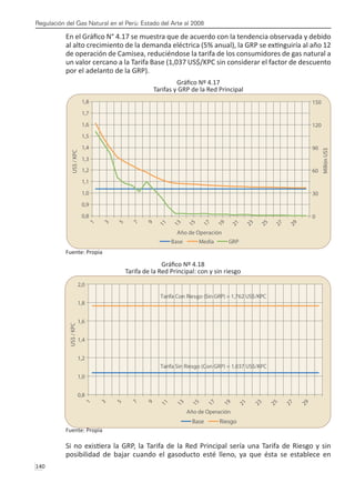 Regulación del Gas Natural en el Perú: Estado del Arte al 2008
140 
En el Gráfico N° 4.17 se muestra que de acuerdo con la tendencia observada y debido
al alto crecimiento de la demanda eléctrica (5% anual), la GRP se extinguiría al año 12
de operación de Camisea, reduciéndose la tarifa de los consumidores de gas natural a
un valor cercano a la Tarifa Base (1,037 US$/KPC sin considerar el factor de descuento
por el adelanto de la GRP).
Gráfico Nº 4.17
Tarifas y GRP de la Red Principal
Fuente: Propia
Gráfico Nº 4.18
Tarifa de la Red Principal: con y sin riesgo
Fuente: Propia
Si no existiera la GRP, la Tarifa de la Red Principal sería una Tarifa de Riesgo y sin
posibilidad de bajar cuando el gasoducto esté lleno, ya que ésta se establece en
 