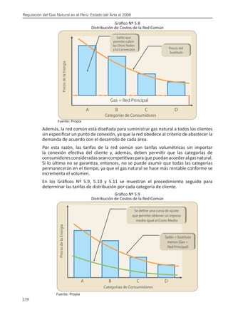 Regulación del Gas Natural en el Perú: Estado del Arte al 2008
174 
Gráfico Nº 5.8
Distribución de Costos de la Red Común
Fuente: Propia
Además, la red común está diseñada para suministrar gas natural a todos los clientes
sin especificar un punto de conexión, ya que la red obedece al criterio de abastecer la
demanda de acuerdo con el desarrollo de cada área.
Por esta razón, las tarifas de la red común son tarifas volumétricas sin importar
la conexión efectiva del cliente y, además, deben permitir que las categorías de
consumidoresconsideradasseancompetitivasparaquepuedanaccederalgasnatural.
Si lo último no se garantiza, entonces, no se puede asumir que todas las categorías
permanecerán en el tiempo, ya que el gas natural se hace más rentable conforme se
incrementa el volumen.
En los Gráficos Nº 5.9, 5.10 y 5.11 se muestran el procedimiento seguido para
determinar las tarifas de distribución por cada categoría de cliente.
Gráfico Nº 5.9
Distribución de Costos de la Red Común
Fuente: Propia
 