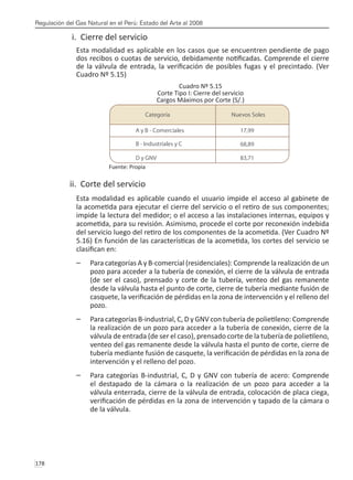 Regulación del Gas Natural en el Perú: Estado del Arte al 2008
178 
i. Cierre del servicio
Esta modalidad es aplicable en los casos que se encuentren pendiente de pago
dos recibos o cuotas de servicio, debidamente notificadas. Comprende el cierre
de la válvula de entrada, la verificación de posibles fugas y el precintado. (Ver
Cuadro Nº 5.15)
Cuadro Nº 5.15
Corte Tipo I: Cierre del servicio
Cargos Máximos por Corte (S/.)
Fuente: Propia
ii. Corte del servicio
Esta modalidad es aplicable cuando el usuario impide el acceso al gabinete de
la acometida para ejecutar el cierre del servicio o el retiro de sus componentes;
impide la lectura del medidor; o el acceso a las instalaciones internas, equipos y
acometida, para su revisión. Asimismo, procede el corte por reconexión indebida
del servicio luego del retiro de los componentes de la acometida. (Ver Cuadro Nº
5.16) En función de las características de la acometida, los cortes del servicio se
clasifican en:
Para categorías A y B-comercial (residenciales): Comprende la realización de un
–
–
pozo para acceder a la tubería de conexión, el cierre de la válvula de entrada
(de ser el caso), prensado y corte de la tubería, venteo del gas remanente
desde la válvula hasta el punto de corte, cierre de tubería mediante fusión de
casquete, la verificación de pérdidas en la zona de intervención y el relleno del
pozo.
Para categorías B-industrial, C, D y GNV con tubería de polietileno: Comprende
–
–
la realización de un pozo para acceder a la tubería de conexión, cierre de la
válvula de entrada (de ser el caso), prensado corte de la tubería de polietileno,
venteo del gas remanente desde la válvula hasta el punto de corte, cierre de
tubería mediante fusión de casquete, la verificación de pérdidas en la zona de
intervención y el relleno del pozo.
Para categorías B-industrial, C, D y GNV con tubería de acero: Comprende
–
–
el destapado de la cámara o la realización de un pozo para acceder a la
válvula enterrada, cierre de la válvula de entrada, colocación de placa ciega,
verificación de pérdidas en la zona de intervención y tapado de la cámara o
de la válvula.
 