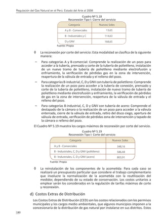 Regulación del Gas Natural en el Perú: Estado del Arte al 2008
180 
Cuadro Nº 5.18
Reconexión Tipo I: Cierre del servicio
Fuente: Propia
La reconexión por corte del servicio: Esta modalidad se clasifica de la siguiente
◊
◊
manera:
Para categorías A y B-comercial: Comprende la realización de un pozo para
–
–
acceder a la tubería, prensado y corte de la tubería de polietileno, instalación
de un nuevo tramo de tubería de polietileno mediante electrofusión y
enfriamiento, la verificación de pérdidas gas en la zona de intervención,
reapertura de la válvula de entrada y el relleno del pozo.
Para categorías B-industrial, C, D y GNV con tubería de polietileno: Comprende
–
–
la realización de un pozo para acceder a la tubería de conexión, prensado y
corte de la tubería de polietileno, instalación de nuevo tramo de tubería de
polietileno mediante electrofusión y enfriamiento, la verificación de pérdidas
de gas en la zona de intervención, reapertura de la válvula de entrada y el
relleno del pozo.
Para categorías B-industrial, C, D y GNV con tubería de acero: Comprende el
–
–
destapado de la cámara o la realización de un pozo para acceder a la válvula
enterrada, cierre de la válvula de entrada, retiro del disco ciego, apertura de
válvula de entrada, verificación de pérdidas zona de intervención y tapado de
la cámara o relleno del pozo.
El Cuadro Nº 5.19 muestra los cargos máximos de reconexión por corte del servicio.
Cuadro Nº 5.19
Reconexión Tipo I: Corte del servicio
Fuente: Propia
La reinstalación de los componentes de la acometida: Para cada caso se
◊
◊
realizará un presupuesto particular que considere el trabajo complementario
que involucre la normalización de la acometida con la reutilización del
medidor, dependiendo de su estado de conservación. Los costos unitarios a
emplear serán los considerados en la regulación de tarifas máximas de corte
y reconexión.
d) Costos Extras de Distribución
Los Costos Extras de Distribución (CED) son los costos relacionados con los permisos
municipales y los cargos medio ambientales, que algunos municipios imponen a la
concesionaria de la distribución de gas natural por instalarse en sus distritos. Estos
 