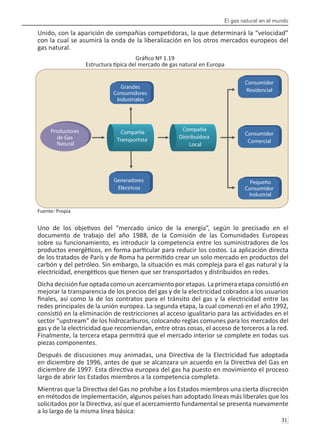 El gas natural en el mundo
31 
Unido, con la aparición de compañías competidoras, la que determinará la “velocidad”
con la cual se asumirá la onda de la liberalización en los otros mercados europeos del
gas natural.
Gráfico Nº 1.19
Estructura típica del mercado de gas natural en Europa
Fuente: Propia
Uno de los objetivos del “mercado único de la energía”, según lo precisado en el
documento de trabajo del año 1988, de la Comisión de las Comunidades Europeas
sobre su funcionamiento, es introducir la competencia entre los suministradores de los
productos energéticos, en forma particular para reducir los costos. La aplicación directa
de los tratados de París y de Roma ha permitido crear un solo mercado en productos del
carbón y del petróleo. Sin embargo, la situación es más compleja para el gas natural y la
electricidad, energéticos que tienen que ser transportados y distribuidos en redes.
Dicha decisión fue optada como un acercamiento por etapas. La primera etapa consistió en
mejorar la transparencia de los precios del gas y de la electricidad cobrados a los usuarios
finales, así como la de los contratos para el tránsito del gas y la electricidad entre las
redes principales de la unión europea. La segunda etapa, la cual comenzó en el año 1992,
consistió en la eliminación de restricciones al acceso igualitario para las actividades en el
sector “upstream” de los hidrocarburos, colocando reglas comunes para los mercados del
gas y de la electricidad que recomiendan, entre otras cosas, el acceso de terceros a la red.
Finalmente, la tercera etapa permitirá que el mercado interior se complete en todas sus
piezas componentes.
Después de discusiones muy animadas, una Directiva de la Electricidad fue adoptada
en diciembre de 1996, antes de que se alcanzara un acuerdo en la Directiva del Gas en
diciembre de 1997. Esta directiva europea del gas ha puesto en movimiento el proceso
largo de abrir los Estados miembros a la competencia completa.
Mientras que la Directiva del Gas no prohíbe a los Estados miembros una cierta discreción
en métodos de implementación, algunos países han adoptado líneas más liberales que los
solicitados por la Directiva, así que el acercamiento fundamental se presenta nuevamente
a lo largo de la misma línea básica:
Productores
de Gas
Natural
Grandes
Consumidores
Industriales
Generadores
Eléctricos
Consumidor
Residencial
Consumidor
Comercial
Pequeño
Consumidor
Industrial
Compañía
Transportista
Compañía
Distribuidora
Local
 