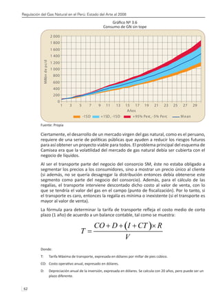 Regulación del Gas Natural en el Perú: Estado del Arte al 2008
62 
Gráfico Nº 3.6
Consumo de GN sin tope
Fuente: Propia
Ciertamente, el desarrollo de un mercado virgen del gas natural, como es el peruano,
requiere de una serie de políticas públicas que ayuden a reducir los riesgos futuros
para así obtener un proyecto viable para todos. El problema principal del esquema de
Camisea era que la volatilidad del mercado de gas natural debía ser cubierta con el
negocio de líquidos.
Al ser el transporte parte del negocio del consorcio SM, éste no estaba obligado a
segmentar los precios a los consumidores, sino a mostrar un precio único al cliente
(si además, no se quería desagregar la distribución entonces debía obtenerse este
segmento como parte del negocio del consorcio). Además, para el cálculo de las
regalías, el transporte interviene descontado dicho costo al valor de venta, con lo
que se tendría el valor del gas en el campo (punto de fiscalización). Por lo tanto, si
el transporte es caro, entonces la regalía es mínima o inexistente (si el transporte es
mayor al valor de venta).
La fórmula para determinar la tarifa de transporte refleja el costo medio de corto
plazo (1 año) de acuerdo a un balance contable, tal como se muestra:
Donde:
T:	 Tarifa Máxima de transporte, expresada en dólares por millar de pies cúbico.
CO:	 Costo operativo anual, expresado en dólares.
D:	 Depreciación anual de la inversión, expresada en dólares. Se calcula con 20 años, pero puede ser un 	
	 plazo diferente.
0
200
400
600
800
1 000
1 200
1 400
1 600
1 800
2 000
1 3 5 7 9 11 13 15 17 19 21 23 25 27 29
Años
Millón
de
p
c/d
-1SD +1SD , -1SD +95% Perc, -5% Perc M ean
( )
CO D I CT R
T
V
+ + + ×
=
 