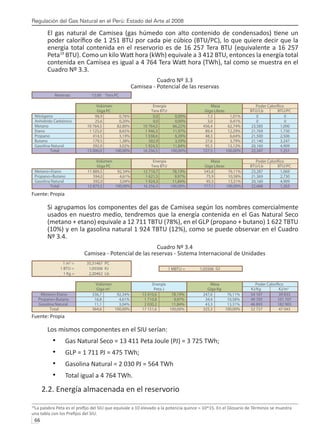 Regulación del Gas Natural en el Perú: Estado del Arte al 2008
66 
El gas natural de Camisea (gas húmedo con alto contenido de condensados) tiene un
poder calorífico de 1 251 BTU por cada pie cúbico (BTU/PC), lo que quiere decir que la
energía total contenida en el reservorio es de 16 257 Tera BTU (equivalente a 16 257
Peta19
BTU). Como un kilo Watt hora (kWh) equivale a 3 412 BTU, entonces la energía total
contenida en Camisea es igual a 4 764 Tera Watt hora (TWh), tal como se muestra en el
Cuadro Nº 3.3.
Cuadro Nº 3.3
Camisea - Potencial de las reservas
Fuente: Propia
Si agrupamos los componentes del gas de Camisea según los nombres comercialmente
usados en nuestro medio, tendremos que la energía contenida en el Gas Natural Seco
(metano + etano) equivale a 12 711 TBTU (78%), en el GLP (propano + butano) 1 622 TBTU
(10%) y en la gasolina natural 1 924 TBTU (12%), como se puede observar en el Cuadro
Nº 3.4.
Cuadro Nº 3.4
Camisea - Potencial de las reservas - Sistema Internacional de Unidades
Fuente: Propia
Los mismos componentes en el SIU serían:
Gas Natural Seco = 13 411 Peta Joule (PJ) = 3 725 TWh;
•	
GLP = 1 711 PJ = 475 TWh;
•	
Gasolina Natural = 2 030 PJ = 564 TWh
•	
Total igual a 4 764 TWh.
•	
2.2. Energía almacenada en el reservorio
19
La palabra Peta es el prefijo del SIU que equivale a 10 elevado a la potencia quince = 10^15. En el Glosario de Términos se muestra
una tabla con los Prefijos del SIU.
Reservas 13,00 Tera PC
Volúmen Energía Masa
Giga PC Tera BTU Giga Libras BTU/Lb BTU/PC
Nitrógeno 98,9 0,76% 0,0 0,00% 7,3 1,01% 0 0
Anhidrido Carbónico 25,6 0,20% 0,0 0,00% 3,0 0,41% 0 0
Metano 10 764,5 82,80% 10 764,5 66,22% 456,4 62,74% 23,585 1,000
Etano 1 125,0 8,65% 1 946,3 11,97% 89,4 12,29% 21,769 1,730
Propano 414,5 3,19% 1 038,6 6,39% 48,3 6,64% 21,500 2,506
Butano 179,5 1,38% 582,9 3,59% 27,6 3,79% 21,140 3,247
Gasolina Natural 392,0 3,02% 1 924,3 11,84% 95,5 13,12% 20,160 4,909
Total 13 000,0 100,00% 16 256,5 100,00% 727,5 100,00% 22,347 1,251
Volúmen Energía Masa
Giga PC Tera BTU Giga Libras BTU/Lb BTU/PC
Metano+Etano 11 889,5 92,34% 12 710,7 78,19% 545,8 76,11% 23,287 1,069
Propano+Butano 594,0 4,61% 1 621,5 9,97% 75,9 10,58% 21,369 2,730
Gasolina Natural 392,0 3,04% 1 924,3 11,84% 95,5 13,31% 20,160 4,909
Total 12 875,5 100,00% 16 256,5 100,00% 717,1 100,00% 22,668 1,263
1 m3
= 35,31467 PC
1 BTU = 1,05506 KJ 1 MBTU = 1,05506 GJ
1 Kg = 2,20462 Lb
Volúmen Energía Masa
Giga m3
Peta J Giga Kg KJ/Kg KJ/m3
Metano+Etano 336,7 92,34% 13 410,6 78,19% 247,6 76,11% 54 167 39 833
Propano+Butano 16,8 4,61% 1 710,8 9,97% 34,4 10,58% 49 705 101 707
Gasolina Natural 11,1 3,04% 2 030,2 11,84% 43,3 13,31% 46 893 182 905
Total 364,6 100,00% 17 151,6 100,00% 325,3 100,00% 52 727 47 043
 