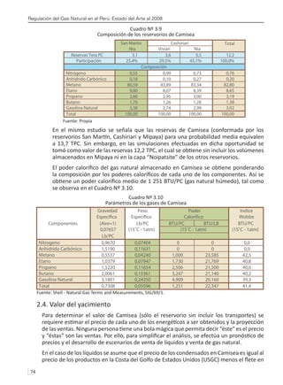 Regulación del Gas Natural en el Perú: Estado del Arte al 2008
74 
Cuadro Nº 3.9
Composición de los reservorios de Camisea
Fuente: Propia
En el mismo estudio se señala que las reservas de Camisea (conformada por los
reservorios San Martín, Cashiriari y Mipaya) para una probabilidad media equivalen
a 13,7 TPC. Sin embargo, en las simulaciones efectuadas en dicha oportunidad se
tomó como valor de las reservas 12,2 TPC, el cual se obtiene sin incluir los volúmenes
almacenados en Mipaya ni en la capa “Noipatsite” de los otros reservorios.
El poder calorífico del gas natural almacenado en Camisea se obtiene ponderando
la composición por los poderes caloríficos de cada uno de los componentes. Así se
obtiene un poder calorífico medio de 1 251 BTU/PC (gas natural húmedo), tal como
se observa en el Cuadro Nº 3.10.
Cuadro Nº 3.10
Parámetros de los gases de Camisea
Fuente: Shell - Natural Gas Terms and Measurements, SIG/69/1.
2.4. Valor del yacimiento
Para determinar el valor de Camisea (sólo el reservorio sin incluir los transportes) se
requiere estimar el precio de cada uno de los energéticos a ser obtenidos y la proyección
de las ventas. Ninguna persona tiene una bola mágica que permita decir “éste” es el precio
y “éstas” son las ventas. Por ello, para simplificar el análisis, se efectúa un pronóstico de
precios y el desarrollo de escenarios de venta de líquidos y venta de gas natural.
En el caso de los líquidos se asume que el precio de los condensados en Camisea es igual al
precio de los productos en la Costa del Golfo de Estados Unidos (USGC) menos el flete en
San Martín Cashiriari Total
Nia Vivian Nia
Reservas Tera PC 3,1 3,6 5,5 12,2
Participación 25,4% 29,5% 45,1% 100,0%
Composición
Nitrógeno 0,55 0,99 0,73 0,76
Anhidrido Carbónico 0,18 0,10 0,27 0,20
Metano 80,59 83,89 83,34 82,80
Etano 9,80 8,07 8,39 8,65
Propano 3,80 2,95 3,00 3,19
Butano 1,70 1,26 1,28 1,38
Gasolina Natural 3,38 2,74 2,99 3,02
Total 100,00 100,00 100,00 100,00
Gravedad Peso Poder Indice
Wobbe
Componentes (Aire=1) Lb/PC BTU/PC BTU/LB BTU/PC
0,07657 (15˚C - 1atm) (15˚C - 1atm) (15˚C - 1atm)
Lb/PC
Nitrogeno 0,9670 0,07404 0 0 0,0
Anhidrido Carbónico 1,5190 0,11631 0 0 0,0
Metano 0,5537 0,04240 1,000 23,585 42,5
Etano 1,0379 0,07947 1,730 21,769 40,8
Propano 1,5220 0,11654 2,506 21,500 40,6
Butano 2,0061 0,15361 3,247 21,140 40,2
Gasolina Natural 3,1801 0,24350 4,909 20,160 39,3
Total 0,7308 0,05596 1,251 22,347 41,4
 