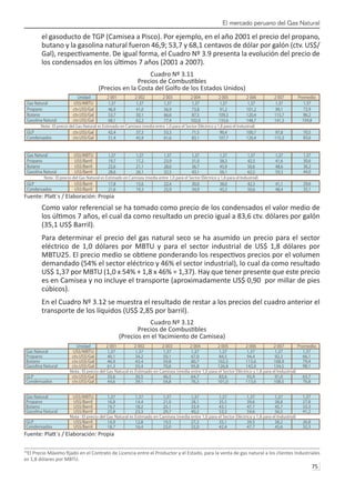 El mercado peruano del Gas Natural
75 
el gasoducto de TGP (Camisea a Pisco). Por ejemplo, en el año 2001 el precio del propano,
butano y la gasolina natural fueron 46,9; 53,7 y 68,1 centavos de dólar por galón (ctv. US$/
Gal), respectivamente. De igual forma, el Cuadro Nº 3.9 presenta la evolución del precio de
los condensados en los últimos 7 años (2001 a 2007).
Cuadro Nº 3.11
Precios de Combustibles
(Precios en la Costa del Golfo de los Estados Unidos)
Fuente: Platt´s / Elaboración: Propia
Como valor referencial se ha tomado como precio de los condensados el valor medio de
los últimos 7 años, el cual da como resultado un precio igual a 83,6 ctv. dólares por galón
(35,1 US$ Barril).
Para determinar el precio del gas natural seco se ha asumido un precio para el sector
eléctrico de 1,0 dólares por MBTU y para el sector industrial de US$ 1,8 dólares por
MBTU25. El precio medio se obtiene ponderando los respectivos precios por el volumen
demandado (54% el sector eléctrico y 46% el sector industrial), lo cual da como resultado
US$ 1,37 por MBTU (1,0 x 54% + 1,8 x 46% = 1,37). Hay que tener presente que este precio
es en Camisea y no incluye el transporte (aproximadamente US$ 0,90 por millar de pies
cúbicos).
En el Cuadro Nº 3.12 se muestra el resultado de restar a los precios del cuadro anterior el
transporte de los líquidos (US$ 2,85 por barril).
Cuadro Nº 3.12
Precios de Combustibles
(Precios en el Yacimiento de Camisea)
Fuente: Platt´s / Elaboración: Propia
25
El Precio Máximo fijado en el Contrato de Licencia entre el Productor y el Estado, para la venta de gas natural a los clientes Industriales
es 1,8 dólares por MBTU.
Nota : El precio del Gas Natural es Estimado en Camisea (media entre 1,0 para el Sector Eléctrico y 1,8 para el Industrial)
Nota : El precio del Gas Natural es Estimado en Camisea (media entre 1,0 para el Sector Eléctrico y 1,8 para el Industrial)
Unidad 2 001 2 002 2 003 2 004 2 005 2 006 2 007 Promedio
Gas Natural US$/MBTU 1,37 1,37 1,37 1,37 1,37 1,37 1,37 1,37
Propano ctv.US$/Gal 46,9 41,0 56,9 73,8 91,2 101,2 99,1 72,9
Butano ctv.US$/Gal 53,7 50,1 66,6 87,5 109,3 120,4 115,7 86,2
Gasolina Natural ctv.US$/Gal 68,1 62,2 77,4 102,6 133,6 148,7 141,3 104,8
GLP ctv.US$/Gal 42,4 37,3 53,3 71,5 90,4 100,7 97,8 70,5
Condensados ctv.US$/Gal 51,4 45,9 61,6 83,1 107,7 120,4 115,3 83,6
Gas Natural US$/MBTU 1,37 1,37 1,37 1,37 1,37 1,37 1,37 1,37
Propano US$/Barril 19,7 17,2 23,9 31,0 38,3 42,5 41,6 30,6
Butano US$/Barril 22,6 21,1 28,0 36,7 45,9 50,6 48,6 36,2
Gasolina Natural US$/Barril 28,6 26,1 32,5 43,1 56,1 62,5 59,3 44,0
GLP US$/Barril 17,8 15,6 22,4 30,0 38,0 42,3 41,1 29,6
Condensados US$/Barril 21,6 19,3 25,9 34,9 45,3 50,6 48,4 35,1
Unidad 2 001 2 002 2 003 2 004 2 005 2 006 2 007 Promedio
Gas Natural US$/MBTU 1,37 1,37 1,37 1,37 1,37 1,37 1,37 1,37
Propano ctv.US$/Gal 40,1 34,2 50,1 67,0 84,5 94,4 92,3 66,1
Butano ctv.US$/Gal 46,9 43,4 59,8 80,7 102,5 113,6 108,9 79,4
Gasolina Natural ctv.US$/Gal 61,3 55,4 70,6 95,8 126,8 142,0 134,5 98,1
Nota : El precio del Gas Natural es Estimado en Camisea (media entre 1,0 para el Sector Eléctrico y 1,8 para el Industrial)
GLP ctv.US$/Gal 35,6 30,5 46,5 64,7 83,6 93,9 91,0 63,7
Condensados ctv.US$/Gal 44,6 39,1 54,8 76,3 101,0 113,6 108,5 76,8
Gas Natural US$/MBTU 1,37 1,37 1,37 1,37 1,37 1,37 1,37 1,37
Propano US$/Barril 16,8 14,4 21,0 28,1 35,5 39,6 38,8 27,8
Butano US$/Barril 19,7 18,2 25,1 33,9 43,1 47,7 45,7 33,3
Gasolina Natural US$/Barril 25,8 23,3 29,7 40,2 53,3 59,6 56,5 41,2
Nota : El precio del Gas Natural es Estimado en Camisea (media entre 1,0 para el Sector Eléctrico y 1,8 para el Industrial)
GLP US$/Barril 14,9 12,8 19,5 27,2 35,1 39,5 38,2 26,8
Condensados US$/Barril 18,7 16,4 23,0 32,0 42,4 47,7 45,6 32,3
 