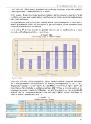 El mercado peruano del Gas Natural
77 
En el Gráfico Nº 3.18 se aprecia que valorizar Camisea con los precios alcanzados en el año
2006 originaría una sobrevaloración del proyecto.
En los cálculos de valorización de los condensados de Camisea se asume que la demanda
es infinita (mercado local y exportación) y, por lo tanto, no existen restricciones adicionales
a los casos analizados.
Un aspecto importante de resaltar es el hecho de que tanto para el proyecto como para el
país es más rentable vender los líquidos que el gas natural seco, ya que los condensados
valen casi 7 veces el valor del metano.
En el Gráfico Nº 3.19 se muestra los precios históricos de los condensados y el valor
promedio utilizado para valorizar el yacimiento.
Gráfico Nº 3.19
Evolución del precio de los Combustibles
Fuente: Propia
Una forma sencilla y rápida de valorizar Camisea sería multiplicar los precios anteriores
por la energía contenida en el reservorio. Por ejemplo, si multiplicamos los 12 711 TBTU
de gas natural seco por el precio de US$ 1,37 por MBTU obtenemos un ingreso de US$ 17
356 millones. Por otro lado, si multiplicamos los 3 546 TBTU de la energía contenida en
los condensados por el precio de 7,73 dólares por MBTU se obtiene un ingreso de US$ 27
410 millones. Por consiguiente el ingreso total sería de US$ 44 767 millones de dólares, tal
como se muestra en el Cuadro Nº 3.15.
Cuadro Nº 3.15
Venta nominal de Camisea
Fuente: Propia
4,5
4,0
5,4
7,3
9,4
10,5
10,1
7,33
0
2
4
6
8
10
12
2001 2002 2003 2004 2005 2006 2007
Años
US$/GJ
Histórico Promedio
Energía Valor : Millón US$
Tera BTU 2001 2002 2003 2004 2005 2006 2007 Promedio
Gas Natural 12 710,7 17 356 17 356 17 356 17 356 17 356 17 356 17 356 17 356 38,8%
Propano 1 038,6 4 608 3 936 5 759 7 697 9 708 10 847 10 614 7 596 17,0%
Butano 582,9 2 663 2 460 3 391 4 579 5 816 6 445 6 178 4 505 10,1%
Gasolina Natural 1 924,3 9 579 8 647 11 028 14 957 19 797 22 165 20 999 15 310 34,2%
Total 16 256,5 34 206 32 399 37 535 44 590 52 679 56 813 55 147 44 767 100,0%
GLP 1 621,5 7 271 6 395 9 151 12 277 15 525 17 292 16 792 12 100 27,0%
Condensados 3 545,8 16 850 15 042 20 179 27 233 35 322 39 457 37 790 27 410 61,2%
 