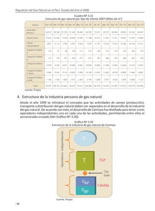 Regulación del Gas Natural en el Perú: Estado del Arte al 2008
88 
Cuadro Nº 3.21
Consumo de gas natural por tipo de cliente 2007 (Miles de m3
)
Fuente: Propia
4. Estructura de la industria peruana de gas natural
Desde el año 1999 se introduce el concepto que las actividades de campo (producción),
transporte y distribución del gas natural deben ser separadas en el desarrollo de la industria
del gas natural. De acuerdo con esto, el desarrollo de Camisea fue diseñado para tener a tres
operadores independientes uno en cada una de las actividades, permitiendo entre ellos el
accionariado cruzado (Ver Gráfico Nº 3.30)
Gráfico Nº 3.30
Estructura de la industria de gas natural de Camisea
Fuente: Propia
Cliente
Generador
Eléctrico
Ene - 07 Feb - 07 Mar - 07 Abr - 07 May - 07 Jun - 07 Ago - 07 Sep - 07 Oct - 07 Nov - 07 Dic - 07
Cliente Inicial
Cliente
Independiente
Categoría Tarifaria
A
Categoría Tarifaria
B
Categoría Tarifaria
C
Categoría Tarifaria
D-Otros
Categoría Tarifaria
D-GNV
Total
44 819
10 542
2 857
102
127
8 785
9 445
1 792
78 470
49 708
10 256
8 112
97
176
9 220
9 452
1 708
88 729
47 759
9 350
5 790
98
181
8 671
9 119
1 854
82 822
57 244
10 928
2 581
106
224
10 096
10 833
2 415
94 427
50 405
10 590
6 530
113
215
9 497
11 899
2 364
91 612
56 792
11 198
7 679
116
257
10 999
14 104
3 144
104 288
75 817
10 912
11 181
146
287
10 809
13 947
3 280
126 378
64 707
11 303
13 610
133
308
11 248
11 283
3 677
116 269
66 564
11 321
17 523
153
347
12 444
10 974
4 624
123 950
59 063
10 942
15 186
162
368
12 264
10 903
5 876
114 765
55 581
11 393
18 109
168
382
14 143
11 646
6 648
118 070
66 697
10 684
15 151
159
378
13 407
14 807
7 123
128 406
Jul - 07
P
T
City
Gate
Operadores
independientes
TGP
Cálidda
DBP
DAP
 