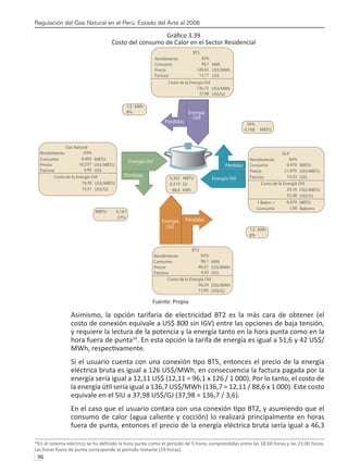 Regulación del Gas Natural en el Perú: Estado del Arte al 2008
96 
Gráfico 3.39
Costo del consumo de Calor en el Sector Residencial
Fuente: Propia
Asimismo, la opción tarifaria de electricidad BT2 es la más cara de obtener (el
costo de conexión equivale a US$ 800 sin IGV) entre las opciones de baja tensión,
y requiere la lectura de la potencia y la energía tanto en la hora punta como en la
hora fuera de punta34
. En esta opción la tarifa de energía es igual a 51,6 y 42 US$/
MWh, respectivamente.
Si el usuario cuenta con una conexión tipo BT5, entonces el precio de la energía
eléctrica bruta es igual a 126 US$/MWh, en consecuencia la factura pagada por la
energía sería igual a 12,11 US$ (12,11 = 96,1 x 126 / 1 000). Por lo tanto, el costo de
la energía útil sería igual a 136,7 US$/MWh (136,7 = 12,11 / 88,6 x 1 000). Este costo
equivale en el SIU a 37,98 US$/GJ (37,98 = 136,7 / 3,6).
En el caso que el usuario contara con una conexión tipo BT2, y asumiendo que el
consumo de calor (agua caliente y cocción) lo realizará principalmente en horas
fuera de punta, entonces el precio de la energía eléctrica bruta sería igual a 46,3
34
En el sistema eléctrico se ha definido la hora punta como el periodo de 5 horas comprendidas entre las 18:00 horas y las 23:00 horas.
Las horas fuera de punta corresponde al periodo restante (19 horas).
BT5
Rendimiento 92%
Consumo 96,1 kWh
Precio 126,03 US$/MWh
Factura 12,11 US$
Costo de la Energía Útil
136,73 US$/MWh
37,98 US$/GJ
7,5 kWh
8%
36%
0,168 MBTU
GLP
Rendimiento 64%
Consumo 0,470 MBTU
Precio 21,970 US$/MBTU
0,302 MBTU Factura 10,33 US$
0,319 GJ Costo de la Energía Útil
88,6 kWh 34,16 US$/MBTU
32,38 US$/GJ
1 Balon = 0,470 MBTU
Consumo 1,00 Balones
MBTU 0,181
37%
7,5 kWh
8%
BT2
Rendimiento 92%
Consumo 96,1 kWh
Precio 46,31 US$/MWh
Factura 4,45 US$
Costo de la Energía Útil
50,24 US$/MWh
13,95 US$/GJ
Pérdidas
Energía Útil
Pérdidas
Energía Útil
Pérdidas
Energía
Útil
Pérdidas
Energía
Útil
Gas Natural
Rendimiento 63%
Consumo 0,483 MBTU
Precio 10,237 US$/MBTU
Factura 4,95 US$
Costo de la Energía Útil
16,36 US$/MBTU
15,51 US$/GJ
 