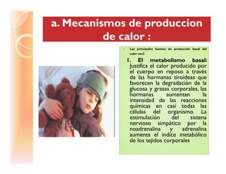 a. Mecanismos dea. Mecanismos de produccionproduccion
de calor :de calor :
a. Mecanismos dea. Mecanismos de produccionproduccion
de calor :de calor :
Las principales fuentes de producción basal del
calor son:
1. El metabolismo basal:
Justifica el calor producido por
el cuerpo en reposo a través
de las hormanas tiroideas que
favorecen la degradación de la
glucosa y grasas corporales, lasglucosa y grasas corporales, las
hormanas aumentan la
intensidad de las reacciones
químicas en casi todas las
células del organismo. La
estimulación del sistena
nervioso simpático por la
noadrenalina y adrenalina
aumenta el indice metabólico
de los tejidos corporales
 