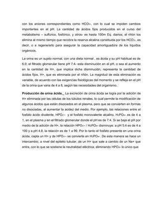 con los aniones correspondientes como HCO3-, con lo cual se impiden cambios
importantes en el pH. La cantidad de ácidos fijos producidos en el curso del
metabolismo – sulfúrico, fosfórico, y otros- es hasta 100m Eq. diarios; el riñón los
elimina al mismo tiempo que recobra la reserva alcalina constituida por los HCO3-, es
decir, o a regenerarlo para asegurar la capacidad amortiguadora de los líquidos
orgánicos.
La orina es un sujeto normal, con una dieta normal , es ácida y su pH habitual es de
6.0; el filtrado glomerular tiene pH 7.4- esta disminución en el pH, o sea el aumento
en la cantidad de H+, que implica dicha disminución, representa la cantidad de
ácidos fijos, H+, que es eliminada por el riñón. La magnitud de esta eliminación es
variable, de acuerdo con las exigencias fisiológicas del momento y se refleja en el pH
de la orina que varia de 4 a 8, según las necesidades del organismo.
Producción de orina ácida._ La excreción de orina ácida se logra por la adición de
H+ eliminada por las células de los túbulos renales, lo cual permite la modificación de
algunos ácidos que están disociados en el plasma, pero que se convierten en formas
no disociadas, al aumentar la acidez del medio. Por ejemplo, las relaciones entre el
fosfato ácido divalente, HPO - y el fosfato monovalente alcalino, H2PO4-, es de 4 a
1, en el plasma y en el filtrado glomerular donde el pH es de 7.4. Si se baja el pH por
medio de la adición de H+, la relación HPO - / H2PO4- disminuye: a pH 5.4 es de 4 a
100 y a pH 4.8, la relación es de 1 a 99. Por lo tanto el fosfato presente en una orina
ácida, capta un H+ y de HPO - se convierte en H2PO4-. De esta manera se hace un
intercambio, a nivel del epitelio tubular, de un H+ que sale a cambio de un Na+ que
entra, con lo que se sostiene la neutralidad eléctrica; eliminando HPO4- lo único que
 