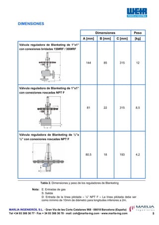 MARLIA INGENIEROS, S.L. · Gran Vía de les Corts Catalanes 968 · 08018 Barcelona (España)
Tel +34 93 308 36 77 · Fax + 34 93 308 36 78 · mail: coh@marlia-ing.com · www.marlia-ing.com 5
DIMENSIONES
Dimensiones Peso
A [mm] B [mm] C [mm] [kg]
Válvula reguladora de Blanketing de 1”x1”
con conexiones bridadas 150#RF / 300#RF
144 85 315 12
Válvula reguladora de Blanketing de 1”x1”
con conexiones roscadas NPT F
81 22 315 8,5
Válvula reguladora de Blanketing de ½”x
½” con conexiones roscadas NPT F
80,5 18 193 4,2
Tabla 2. Dimensiones y peso de los reguladores de Blanketing
Nota: E: Entradas de gas
S: Salida
D: Entrada de la línea pilotada – ¼” NPT F – La línea pilotada debe ser
como mínimo de 10mm de diámetro para longitudes inferiores a 2m.
 