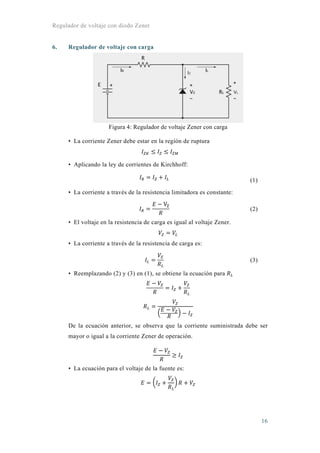 Regulador de voltaje con diodo Zener
16
6. Regulador de voltaje con carga
Figura 4: Regulador de voltaje Zener con carga
• La corriente Zener debe estar en la región de ruptura
• Aplicando la ley de corrientes de Kirchhoff:
(1)
• La corriente a través de la resistencia limitadora es constante:
V
(2)
• El voltaje en la resistencia de carga es igual al voltaje Zener.
• La corriente a través de la resistencia de carga es:
(3)
• Reemplazando (2) y (3) en (1), se obtiene la ecuación para
De la ecuación anterior, se observa que la corriente suministrada debe ser
mayor o igual a la corriente Zener de operación.
• La ecuación para el voltaje de la fuente es:
 