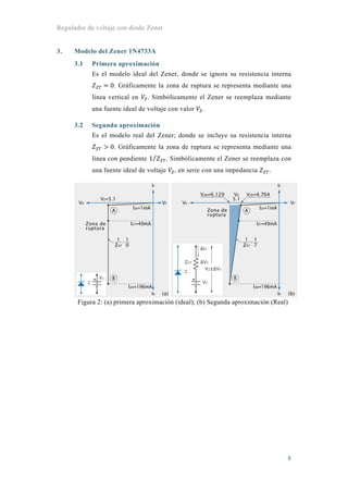 Regulador de voltaje con diodo Zener
8
3. Modelo del Zener 1N4733A
3.1 Primera aproximación
Es el modelo ideal del Zener, donde se ignora su resistencia interna
0. Gráficamente la zona de ruptura se representa mediante una
línea vertical en . Simbólicamente el Zener se reemplaza mediante
una fuente ideal de voltaje con valor .
3.2 Segunda aproximación
Es el modelo real del Zener; donde se incluye su resistencia interna
0. Gráficamente la zona de ruptura se representa mediante una
línea con pendiente 1⁄ . Simbólicamente el Zener se reemplaza con
una fuente ideal de voltaje , en serie con una impedancia .
Figura 2: (a) primera aproximación (ideal); (b) Segunda aproximación (Real)
 
