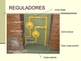 REGULADORES                       Unión doble




      regulador



 Llave esférica                         Llave exclusa




                                         Gas a baja presión

Gas a media presión


                      Cupla aislante
 