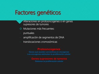 Factores genéticos
 Alteraciones en protooncogenes o en genes
supresores de tumores
 Mutaciones más frecuentes:
- puntuales
- amplificación de segmentos de DNA
- translocaciones cromosómicas
Protooncogenes
Genes que pueden convertirse en oncogenes
Los oncogenes estimulan la proliferación celular
Genes supresores de tumores
Detienen la proliferación celular
 