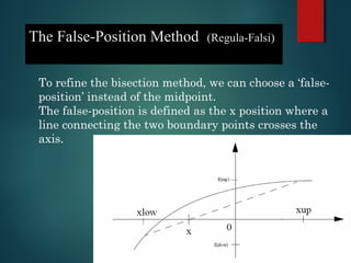 The False-Position Method (Regula-Falsi)
To refine the bisection method, we can choose a ‘false-
position’ instead of the midpoint.
The false-position is defined as the x position where a
line connecting the two boundary points crosses the
axis.
 