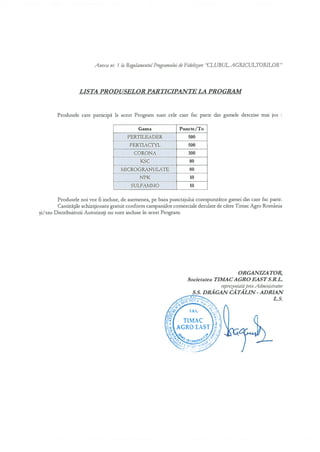 Regulamentul programului de fidelizare „Clubul Agricultorilor” Timac Agro East