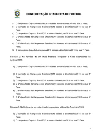 CONFEDERAÇÃO BRASILEIRA DE FUTEBOL
6
a) O campeão da Copa Libertadores/2015 acessa a Libertadores/2016 na sua 2º Fase;
b) O campeão do Campeonato Brasileiro/2015 acessa a Libertadores/2016 na sua 2º
Fase;
c) O campeão da Copa do Brasil/2015 acessa a Libertadores/2016 na sua 2º Fase;
d) O 2º classificado do Campeonato Brasileiro/2015 acessa a Libertadores/2016 na sua 2º
Fase;
e) O 3º classificado do Campeonato Brasileiro/2015 acessa a Libertadores/2016 na sua 1º
Fase;
f) O campeão da Copa Sul-Americana/2015 acessa a Libertadores/2016 na sua 1º Fase.
Situação 2: Na hipótese de um clube brasileiro conquistar a Copa Libertadores da
América/2015:
a) O campeão da Copa Libertadores/2015 acessa a Libertadores/2016 na sua 2º Fase;
b) O campeão do Campeonato Brasileiro/2015 acessa a Libertadores/2016 na sua 2º
Fase;
c) O campeão da Copa do Brasil/2015 acessa a Libertadores/2016 na sua 2º Fase;
d) O 2º classificado do Campeonato Brasileiro/2015 acessa a Libertadores/2016 na sua 2º
Fase;
e) O 3º classificado do Campeonato Brasileiro/2015 acessa a Libertadores/2016 na sua 1º
Fase;
f) O 4º classificado do Campeonato Brasileiro/2015 acessa a Libertadores/2016 na sua 1º
Fase.
Situação 3: Na hipótese de um clube brasileiro conquistar a Copa Sul-Americana/2015:
a) O campeão do Campeonato Brasileiro/2015 acessa a Libertadores/2016 na sua 2º
Fase;
b) O campeão da Copa do Brasil/2015 acessa a Libertadores/2016 na sua 2º Fase;
 