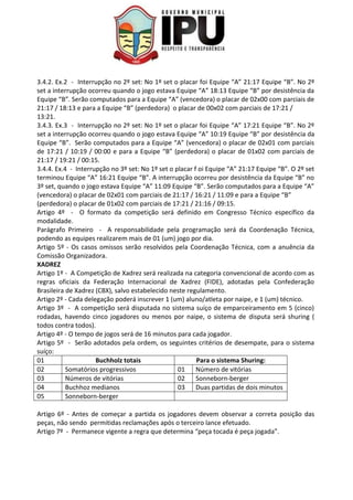 3.4.2. Ex.2 - Interrupção no 2º set: No 1º set o placar foi Equipe “A” 21:17 Equipe “B”. No 2º
set a interrupção ocorreu quando o jogo estava Equipe “A” 18:13 Equipe “B” por desistência da
Equipe “B”. Serão computados para a Equipe “A” (vencedora) o placar de 02x00 com parciais de
21:17 / 18:13 e para a Equipe “B” (perdedora) o placar de 00x02 com parciais de 17:21 /
13:21.
3.4.3. Ex.3 - Interrupção no 2º set: No 1º set o placar foi Equipe “A” 17:21 Equipe “B”. No 2º
set a interrupção ocorreu quando o jogo estava Equipe “A” 10:19 Equipe “B” por desistência da
Equipe “B”. Serão computados para a Equipe “A” (vencedora) o placar de 02x01 com parciais
de 17:21 / 10:19 / 00:00 e para a Equipe “B” (perdedora) o placar de 01x02 com parciais de
21:17 / 19:21 / 00:15.
3.4.4. Ex.4 - Interrupção no 3º set: No 1º set o placar f oi Equipe “A” 21:17 Equipe “B”. O 2º set
terminou Equipe “A” 16:21 Equipe “B”. A interrupção ocorreu por desistência da Equipe “B” no
3º set, quando o jogo estava Equipe “A” 11:09 Equipe “B”. Serão computados para a Equipe “A”
(vencedora) o placar de 02x01 com parciais de 21:17 / 16:21 / 11:09 e para a Equipe “B”
(perdedora) o placar de 01x02 com parciais de 17:21 / 21:16 / 09:15.
Artigo 4º - O formato da competição será definido em Congresso Técnico específico da
modalidade.
Parágrafo Primeiro - A responsabilidade pela programação será da Coordenação Técnica,
podendo as equipes realizarem mais de 01 (um) jogo por dia.
Artigo 5º - Os casos omissos serão resolvidos pela Coordenação Técnica, com a anuência da
Comissão Organizadora.
XADREZ
Artigo 1º - A Competição de Xadrez será realizada na categoria convencional de acordo com as
regras oficiais da Federação Internacional de Xadrez (FIDE), adotadas pela Confederação
Brasileira de Xadrez (CBX), salvo estabelecido neste regulamento.
Artigo 2º - Cada delegação poderá inscrever 1 (um) aluno/atleta por naipe, e 1 (um) técnico.
Artigo 3º - A competição será disputada no sistema suíço de emparceiramento em 5 (cinco)
rodadas, havendo cinco jogadores ou menos por naipe, o sistema de disputa será shuring (
todos contra todos).
Artigo 4º - O tempo de jogos será de 16 minutos para cada jogador.
Artigo 5º - Serão adotados pela ordem, os seguintes critérios de desempate, para o sistema
suíço:
01 Buchholz totais Para o sistema Shuring:
02 Somatórios progressivos 01 Número de vitórias
03 Números de vitórias 02 Sonneborn-berger
04 Buchhoz medianos 03 Duas partidas de dois minutos
05 Sonneborn-berger
Artigo 6º - Antes de começar a partida os jogadores devem observar a correta posição das
peças, não sendo permitidas reclamações após o terceiro lance efetuado.
Artigo 7º - Permanece vigente a regra que determina “peça tocada é peça jogada”.
 