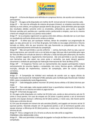 Artigo 4º - A forma de disputa será definida em congresso técnico. de acordo com números de
participantes.
Artigo 5º - Os jogos serão disputados em melhor de 05 (cinco) sets de 11 (onze) pontos cada.
Artigo 6º – No caso da utilização do sistema de grupos (chaves), os empates ocorridos entre
03(três) ou mais atletas, em qualquer posição dentro dos grupos, serão dirimidos pela apuração
dos resultados obtidos somente entre os envolvidos, utilizando-se, para tanto, a seguinte
fórmula: partidas pró, partidas pro + partida contra, perdurando o empate, usar-se-á o mesmo
critério em relação aos sets e ou pontos nesta ordem.
Artigo 7º - Se os empates registrarem-se apenas entre dois atletas a decisão dar-se-á com base
no resultado do confronto direto entre ambos os atletas.
Artigo 8º - O atleta que, por quaisquer motivos, deixar de completar sua programação de
jogos, ou seja, perca por w x o na fase de grupos, terá todos os seus jogos anteriores e futuros
tornado se efeito, afim de que terceiros não seja favorecido ou prejudicado por tal fato,
estando automaticamente eliminado da competição.
Artigo 9º - Não será permitido o uso do uniforme – camisa, bermuda, short ou saia, cuja cor
básica seja branca, por coincidir com a cor da bola em jogo, fato que não é permitido pela regra
do Tênis de Mesa em virtude de obstruir e dificultar a visão da bola pelo adversário; da mesma
forma, também segundo o regulamento internacional, não será permitido o uso de raquetes
com borrachas que não sejam nas cores preta e vermelha, nas quais deverá aparecer
claramente o símbolo de aprovação da Federação Internacional de Tênis de Mesa (ITTF).
Artigo 10º - O Congresso Técnico com os representantes das equipes participantes tratará
exclusivamente de assuntos ligados a competição, tais como: Normas gerais, ratificação de
inscrição, aferição de implementos, sistema de competição, além de outros assuntos
correlatos.
VOLEIBOL
Artigo 1º - A Competição de Voleibol será realizada de acordo com as regras oficiais da
Federação Internacional de Volleyball (FIVB) adotadas pela Confederação Brasileirade Voleibol
(CBV), salvo o estabelecido neste Regulamento.
Artigo 2º - Cada delegação poderá inscrever 20 (vinte) alunos-atletas e 02 (dois) técnicos por
naipe.
Artigo 3º - Para cada jogo, cada equipe poderá levar o quantitativo máximo de 10 atletas. Os
atletas deverão ser os mesmo em todos os jogos da fase
Artigo 4º - O formato do jogo será:
4.1 Os jogos serão disputados em melhor de 03 (três) sets, sendo os dois primeiros sets de 25
(vinte e cinco) pontos. Em caso de empate em 24 (vinte e quatro) pontos o set só terminará
quando uma equipe alcançar a diferença de 02 (dois) pontos, e neste caso, não haverá ponto
limite para o término do set;
4.2 Em caso de empate em número de sets vencidos (01x01), será jogado um terceiro set de 15
(quinze) pontos. Havendo empate em 14 (quatorze) pontos o set só terminará quando uma
equipe alcançar a diferença de 02 (dois) pontos, e neste caso, não haverá ponto limite para o
término do set.
Artigo 5º - Para a categoria de 12 a 14 anos as alturas da rede serão as seguintes:
FEMININA 2,20m MASCULINA 2,35m
Artigo 5º - Não será permitida a utilização de jogador na função de líbero em nenhuma fase da
competição.
 