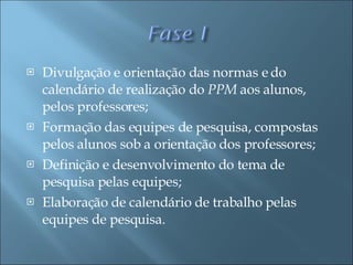 Divulgação e orientação das normas e do calendário de realização do  PPM  aos alunos, pelos professores; Formação das equipes de pesquisa, compostas pelos alunos sob a orientação dos professores; Definição e desenvolvimento do tema de pesquisa pelas equipes;  Elaboração de calendário de trabalho pelas equipes de pesquisa. 