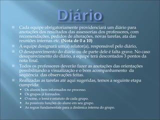 Cada equipe obrigatoriamente providenciará um diário para anotações dos resultados das assessorias dos professores, com recomendações, pedidos de alterações, novas tarefas, ata das reuniões internas etc.  (Nota de 0 a 10) A equipe designará um(a) relator(a), responsável pelo diário,  O desaparecimento do diário ou de parte dele é falta grave. No caso desaparecimento do diário, a equipe terá descontados 3 pontos da nota final.  Todos os professores deverão fazer as anotações das orientações possibilitando a visualização e o bom acompanhamento  da seqüência  das observações feitas. Realizadas as tarefas até aqui sugeridas, temos a seguinte etapa cumprida: Os alunos bem informados no processo. Os grupos já formados. O nome, o lema e estatuto de cada grupo. As possíveis funções do aluno em seu grupo. As regras fundamentais para a dinâmica interna do grupo.  
