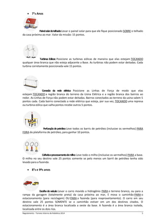 Regulamento - Torneio Interno de Robótica 2016 5
 7°s Anos
Painelsolardotelhado:Levar o painel solar para que ele fique posicionado SOBRE o telhado
da casa próxima ao mar. Valor da missão: 15 pontos.
Turbinas Eólicas: Posicione as turbinas eólicas de maneira que elas estejam TOCANDO
qualquer área branca que não esteja adjacente a Base. As turbinas não podem estar deitadas. Cada
turbina corretamente posicionada vale 15 pontos.
Conexão da rede elétrica: Posicione as Linhas de Força de modo que elas
estejam TOCANDO a região branca do terreno da Usina Elétrica e a região branca dos bairros ao
redor. As Linhas de Força não podem estar deitadas. Bairros conectados ao terreno da usina valem 5
pontos cada. Cada bairro conectado a rede elétrica que esteja, por sua vez, TOCANDO uma represa
ou turbina eólica que valha pontos recebe outros 5 pontos.
Perfuraçãodepetróleo:Leve todos os barris de petróleo (inclusive os vermelhos) PARA
FORA da plataforma de petróleo, para ganhar 10 pontos.
Colheitaeprocessamentodemilho: Leve todo o milho (inclusive os vermelhos) PARA a base.
O milho no seu destino vale 25 pontos somente se pelo menos um barril de petróleo tenha sido
levado para a fazenda.
 8°s e 9ºs anos
Escolhadoveículo:Levar o carro movido a hidrogênio PARA o terreno branco, ou para a
rampa da garagem (totalmente preta) da casa próxima ao mar, E mova o caminhão PARA o
estacionamento (para reciclagem) OU PARA a fazenda (para reaproveitamento). O carro em seu
destino vale 25 pontos SOMENTE se o caminhão estiver em um dos destinos citados. O
estacionamento é a área branca localizada a oeste da base. A fazenda é a área branca isolada,
localizada entre os dois rios.
 