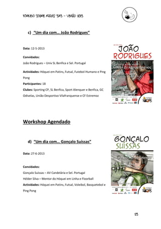 torneio sobre Rodas 3x3 – verão 2013
23
c) “Um dia com… João Rodrigues”
Data: 12-5-2013
Convidados:
João Rodrigues – Univ SL Benfica e Sel. Portugal
Actividades: Hóquei em Patins, Futsal, Futebol-Humano e Ping
Pong
Participantes: 18
Clubes: Sporting CP, SL Benfica, Sport Alenquer e Benfica, GC
Odivelas, União Desportivo Vilafranquense e CF Estremoz
Workshop Agendado
d) “Um dia com… Gonçalo Suíssas”
Data: 27-6-2013
Convidados:
Gonçalo Suíssas – AV Candelária e Sel. Portugal
Hélder Silva – Mentor do Hóquei em Linha e Floorball
Actividades: Hóquei em Patins, Futsal, Voleibol, Basquetebol e
Ping Pong
 