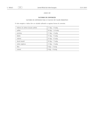 ANEXO XIV 
FACTORES DE CONVERSÃO 
FACTORES DE CONVERSÃO PARA O CÁLCULO DO VALOR ENERGÉTICO 
O valor energético a indicar deve ser calculado utilizando os seguintes factores de conversão: — hidratos de carbono (excepto polióis) 
17 kJ/g – 4 kcal/g 
— polióis 
10 kJ/g – 2,4 kcal/g 
— proteínas 
17 kJ/g – 4 kcal/g 
— lípidos 
37 kJ/g – 9 kcal/g 
— salatrim 
25 kJ/g – 6 kcal/g 
— álcool (etanol) 
29 kJ/g – 7 kcal/g 
— ácidos orgânicos 
13 kJ/g – 3 kcal/g 
— fibra 
8 kJ/g – 2 kcal/g 
— eritritol 
0 kJ/g – 0 kcal/g 
PT L 304/62 Jornal Oficial da União Europeia 22.11.2011  