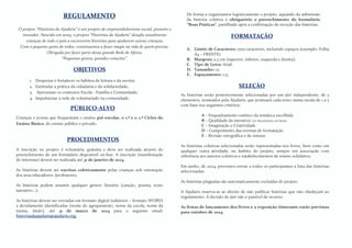 REGULAMENTO
REGULAMENTO
O projeto “Histórias da Ajudaris” é um projeto de empreendedorismo social, pioneiro e
inovador. Nascido em 2009, o projeto “Histórias da Ajudaris” desafia anualmente
crianças de todo o país a escreverem histórias para ajudarem outras crianças.
Com o pequeno gesto de todos, continuamos a fazer magia na vida de quem precisa.
Obrigada por fazer parte desta grande Rede de Afetos.
“Pequenos gestos, grandes corações”.
OBJETIVOS
1. Despertar e fortalecer os hábitos de leitura e da escrita;
2. Estimular a prática da cidadania e da solidariedade;
3. Aproximar os contextos Escola - Família e Comunidade;
4. Impulsionar a rede de voluntariado na comunidade.
PÚBLICO-ALVO
Crianças e jovens que frequentam o ensino pré-escolar, o 1.º e o 2.º Ciclos do
Ensino Básico, do ensino público e privado.
PROCEDIMENTOS
A inscrição no projeto é voluntária, gratuita e deve ser realizada através do
preenchimento de um formulário disponível on-line. A inscrição (manifestação
de interesse) deverá ser realizada até 31 de janeiro de 2024.
As histórias devem ser escritas coletivamente pelas crianças sob orientação
dos seus educadores /professores;
As histórias podem assumir qualquer género literário (canção, poema, texto
narrativo…);
As histórias devem ser enviadas em formato digital (editáveis – formato WORD)
e devidamente identificadas (nome do agrupamento, nome da escola, nome da
turma, título), até 31 de março de 2024 para o seguinte email:
historiasdaajudaris@ajudaris.org;
De forma a organizamos logisticamente o projeto, aquando da submissão
da história coletiva é obrigatório o preenchimento do formulário
“Boas Práticas”, partilhado após a confirmação de receção das histórias.
FORMATAÇÃO
A. Limite de Caracteres: 1700 caracteres, incluindo espaços (exemplo: Folha
A4 – FRENTE)
B. Margens; 2,5 cm (superior, inferior, esquerda e direita);
C. Tipo de Letra: Arial;
D. Tamanho: 12;
E. Espaçamento: 1,5;
SELEÇÃO
As histórias serão posteriormente selecionadas por um júri independente, de 5
elementos, nomeados pela Ajudaris, que pontuará cada texto numa escala de 1 a 5
com base nos seguintes critérios;
A – Enquadramento estético da temática escolhida
B – Qualidade da narrativa* ver documento em baixo
C – Imaginação e Criatividade
D – Cumprimento das normas de formatação
E – Revisão ortográfica e de sintaxe.
As histórias coletivas selecionadas serão representadas nos livros, bem como em
qualquer outra atividade, no âmbito do projeto, sempre em associação com
referência aos autores coletivos e estabelecimentos de ensino solidários;
Em junho, de 2024, prevemos enviar a todos os participantes a lista das histórias
selecionadas.
As histórias plagiadas são automaticamente excluídas do projeto.
A Ajudaris reserva-se ao direito de não publicar histórias que não obedeçam ao
regulamento. A decisão do júri não é passível de recurso.
As festas de lançamento dos livros e a exposição itinerante estão previstas
para outubro de 2024.
 