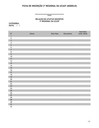 14
FICHA DE INSCRIÇÃO 3º REGIONAL DA UCASF (MODELO)
_______________________
Equipe
RELAÇÃO DE ATLETAS INSCRITOS
3º REGIONAL DA UCASF
CATEGORIA:
DATA: / /
Nº Atleta Data Nasc. Documento
Município
onde reside
1
2
3
4
5
6
7
8
9
10
11
12
13
14
15
16
17
18
19
20
21
22
23
24
25
26
27
28
29
30
31
32
 
