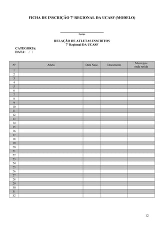 FICHA DE INSCRIÇÃO 7º REGIONAL DA UCASF (MODELO)
_______________________
Equipe
RELAÇÃO DE ATLETAS INSCRITOS
7º Regional DA UCASF
CATEGORIA:
DATA: / /
Nº Atleta Data Nasc. Documento
Município
onde reside
1
2
3
4
5
6
7
8
9
10
11
12
13
14
15
16
17
18
19
20
21
22
23
24
25
26
27
28
29
30
31
32
12
 