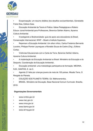 12
• Ecopercepção: um resumo didático dos desafios socioambientais, Genebaldo
Freire Dias, Editora Gaia.
• Educação Ambiental da Teoria à Prática: Idéias Pedagógicas e Roteiro
Educa- cional Ambiental para Professores, Berenice Gehlen Adams, Apoema
Cultura Ambiental.
• Investigando a Biodiversidade: guia de apoio aos educadores do Brasil,
Conservação Internacional, WWF – Brasil e Instituto Supereco.
• Repensar a Educação Ambiental: Um olhar crítico, Carlos Frederico Bernardo
Loureiro, Philippe Pomier Layrargues e Ronaldo Souza de Castro (Org.), Editora
Cortez.
• Vivências Educacionais com a Carta da Terra, Berenice Gehlen Adams,
Apoema Cultura Ambiental.
• A implantação da Educação Ambiental no Brasil. Ministério da Educação e do
Desporto. Coordenação de Educação Ambiental..
• Educação ambiental: uma metodologia participativa de formação. MEDINA,
N.M.; SANTOS, E. da C.
• Agenda 21 feita por crianças jovens de mais de 100 países. Missão Terra, O
Resgate do Planeta.
• COLEÇÃO SOS PLANETA TERRA. Ed. Melhoramentos.
• BRASIL. Ministério da Educação. Base Nacional Comum Curricular. Brasília,
2018.
Organizações Governamentais
• www.icmbio.gov.br
• www.mec.gov.br
• www.mma.gov.br
• www.ibama.gov.br
• www.ief.mg.gov.br
 