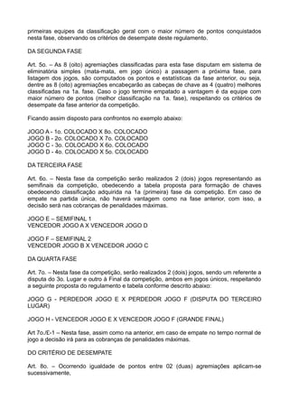primeiras equipes da classificação geral com o maior número de pontos conquistados
nesta fase, observando os critérios de desempate deste regulamento.
DA SEGUNDA FASE
Art. 5o. – As 8 (oito) agremiações classificadas para esta fase disputam em sistema de
eliminatória simples (mata-mata, em jogo único) a passagem a próxima fase, para
listagem dos jogos, são computados os pontos e estatísticas da fase anterior, ou seja,
dentre as 8 (oito) agremiações encabeçarão as cabeças de chave as 4 (quatro) melhores
classificadas na 1a. fase. Caso o jogo termine empatado a vantagem é da equipe com
maior número de pontos (melhor classificação na 1a. fase), respeitando os critérios de
desempate da fase anterior da competição.
Ficando assim disposto para confrontos no exemplo abaixo:
JOGO A - 1o. COLOCADO X 8o. COLOCADO
JOGO B - 2o. COLOCADO X 7o. COLOCADO
JOGO C - 3o. COLOCADO X 6o. COLOCADO
JOGO D - 4o. COLOCADO X 5o. COLOCADO
DA TERCEIRA FASE
Art. 6o. – Nesta fase da competição serão realizados 2 (dois) jogos representando as
semifinais da competição, obedecendo a tabela proposta para formação de chaves
obedecendo classificação adquirida na 1a (primeira) fase da competição. Em caso de
empate na partida única, não haverá vantagem como na fase anterior, com isso, a
decisão será nas cobranças de penalidades máximas.
JOGO E – SEMIFINAL 1
VENCEDOR JOGO A X VENCEDOR JOGO D
JOGO F – SEMIFINAL 2
VENCEDOR JOGO B X VENCEDOR JOGO C
DA QUARTA FASE
Art. 7o. – Nesta fase da competição, serão realizados 2 (dois) jogos, sendo um referente a
disputa do 3o. Lugar e outro à Final da competição, ambos em jogos únicos, respeitando
a seguinte proposta do regulamento e tabela conforme descrito abaixo:
JOGO G - PERDEDOR JOGO E X PERDEDOR JOGO F (DISPUTA DO TERCEIRO
LUGAR)
JOGO H - VENCEDOR JOGO E X VENCEDOR JOGO F (GRANDE FINAL)
Art 7o./£-1 – Nesta fase, assim como na anterior, em caso de empate no tempo normal de
jogo a decisão irá para as cobranças de penalidades máximas.
DO CRITÉRIO DE DESEMPATE
Art. 8o. – Ocorrendo igualdade de pontos entre 02 (duas) agremiações aplicam-se
sucessivamente,
 