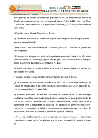 Regulamento Interno dos Cursos Profissionais

  Sem prejuízo de outras competências previstas na lei, no Regulamento Interno da
  Escola ou delegadas nos termos previstos na Portaria nº 550- C/2004, de 21 de Maio,
  compete ao director de turma a programação, coordenação e execução das seguintes
  actividades:

  a) Presidir às reuniões do Conselho de Turma.

  b) Articular as actividades da turma com os pais e encarregados de educação, promo-
  vendo a sua participação.

  c) Coordenar o processo de avaliação dos alunos garantindo o seu carácter globalizan-
  te e integrador.

  d) Fornecer aos alunos e aos seus encarregados de educação, pelo menos três vezes
  em cada ano lectivo, informação global sobre o percurso formativo do aluno, ultrapas-
  sando o atomismo da classificação módulo a módulo.

  e) Manter actualizados os dados relativos às faltas dos alunos, às horas a recuperar e
  aos atrasos modelares.

  f) Elaborar o mapa mensal de faltas para entregar ao Director de Curso.

  g) Supervisionar, em articulação com o Director de Curso, o processo de realização de
  Provas de Recuperação e de outras actividades pedagógicas que visem apoiar os alu-
  nos na recuperação de horas em falta.

  h) Proceder, para cada um dos três Conselhos de Turmas anuais, a uma avaliação
  qualitativa do perfil de progressão de cada aluno e da turma, através da elaboração de
  um sucinto relatório descritivo que contenha, nomeadamente, referência explícita a
  parâmetros como a capacidade de aquisição e de aplicação de conhecimentos, de ini-
  ciativa, de comunicação, de trabalho em equipa e de cooperação com os outros, de
  articulação com o meio envolvente e de concretização de projectos.

  i) Anexar ao relatório descritivo uma síntese das principais dificuldades evidenciadas
  por cada aluno, com indicações relativas a actividades de remediação e enriquecimen-
  to.
 