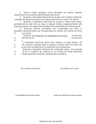 5. Nunca içada qualquer outra Bandeira em plano superior
àquele que for ocupado pela Bandeira Nacional.
      6. Quando a Bandeira Nacional for içada num mastro horizontal,
a parte que deve ficar para cima deve estar junto ao topo do mastro.
      7. Quando a Bandeira Nacional for içada a meia haste deve,
primeiramente subir até ao topo e depois trazida vagarosamente até
àquela posição. No arrear da bandeira deve proceder-se inversamente.
      8. Quando diversas bandeiras são conduzidas em linha, a
Bandeira Nacional deve ser transportada ao centro, em frente da linha
de todas as outras
      9. Quando agrupadas diversas bandeiras, para fins ornamentais,
                       POSIÇÃO DA BANDEIRA NACIONAL
                       P
a bandeira Nacional deve ficar colocada em posição mais elevada que
as outras.
      10. A Bandeira Nacional deve ficar sempre no lado direito, do
celebrante, quando voltada para o público e içada antes do início da
cerimónia em que se determine ou imponha a sua presença.
      11. Quando a Bandeira Nacional for colocada sobre uma parede
dever-se-á ter o cuidado de verificar se as pontas da Roda Dentada
estão do lado esquerdo, quando voltada para o público.




       Em arranjo ao centro                        Cruzada com outra




 Com Bandeiras de vários países
 C                                         Içada com outra(s) no mesmo mastro




                              Suspensa de uma janela
                              S
 