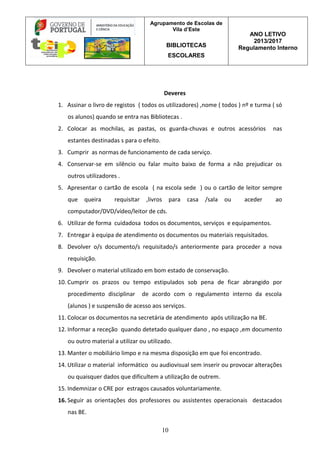 Agrupamento de Escolas de
Vila d’Este
BIBLIOTECAS
ESCOLARES
ANO LETIVO
2013/2017
Regulamento Interno
10
Deveres
1. Assinar o livro de registos ( todos os utilizadores) ,nome ( todos ) nº e turma ( só
os alunos) quando se entra nas Bibliotecas .
2. Colocar as mochilas, as pastas, os guarda-chuvas e outros acessórios nas
estantes destinadas s para o efeito.
3. Cumprir as normas de funcionamento de cada serviço.
4. Conservar-se em silêncio ou falar muito baixo de forma a não prejudicar os
outros utilizadores .
5. Apresentar o cartão de escola ( na escola sede ) ou o cartão de leitor sempre
que queira requisitar ,livros para casa /sala ou aceder ao
computador/DVD/vídeo/leitor de cds.
6. Utilizar de forma cuidadosa todos os documentos, serviços e equipamentos.
7. Entregar à equipa de atendimento os documentos ou materiais requisitados.
8. Devolver o/s documento/s requisitado/s anteriormente para proceder a nova
requisição.
9. Devolver o material utilizado em bom estado de conservação.
10. Cumprir os prazos ou tempo estipulados sob pena de ficar abrangido por
procedimento disciplinar de acordo com o regulamento interno da escola
(alunos ) e suspensão de acesso aos serviços.
11. Colocar os documentos na secretária de atendimento após utilização na BE.
12. Informar a receção quando detetado qualquer dano , no espaço ,em documento
ou outro material a utilizar ou utilizado.
13. Manter o mobiliário limpo e na mesma disposição em que foi encontrado.
14. Utilizar o material informático ou audiovisual sem inserir ou provocar alterações
ou quaisquer dados que dificultem a utilização de outrem.
15. Indemnizar o CRE por estragos causados voluntariamente.
16. Seguir as orientações dos professores ou assistentes operacionais destacados
nas BE.
 