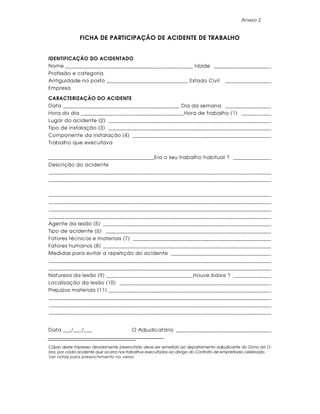 A nexo 2


              FICHA DE PARTICIPAÇÃO DE ACIDENTE DE TRABALHO


IDENTIFICAÇÃO DO ACIDENTADO
Nome _______________________________________________ Idade _____________________
Profissão e categoria
Antiguidade no posto ______________________________ Estado Civil                   _________________
Empresa

CARACTERIZAÇÃO DO ACIDENTE
Data ___________________________________________ Dia da semana _________________
Hora do dia ______________________________________Hora de trabalho (1) ___________
Lugar do acidente (2) ____________________________________________________________
Tipo de instalação (3) ____________________________________________________________
Componente da instalação (4) ___________________________________________________
Trabalho que executava


_______________________________________Era o seu trabalho habitual ? ______________
Descrição do acidente
__________________________________________________________________________________
__________________________________________________________________________________


__________________________________________________________________________________
__________________________________________________________________________________
__________________________________________________________________________________
__________________________________________________________________________________
Agente da lesão (5) ______________________________________________________________
Tipo de acidente (6) _____________________________________________________________
Fatores técnicos e materiais (7) ___________________________________________________
Fatores humanos (8) ______________________________________________________________
Medidas para evitar a repetição do acidente _____________________________________
__________________________________________________________________________________
__________________________________________________________________________________
Natureza da lesão (9) ________________________________Houve baixa ? ______________
Localização da lesão (10) ________________________________________________________
Prejuízos materiais (11) ____________________________________________________________
__________________________________________________________________________________
__________________________________________________________________________________
__________________________________________________________________________________


Data ___/___/___                       O Adjudicatário ___________________________________


Cópia deste impresso devidamente preenchido deve ser remetido ao departamento adjudicante do Dono da O-
bra, por cada acidente que ocorra nos trabalhos executados ao abrigo do Contrato de empreitada celebrado.
Ver notas para preenchimento no verso.
 