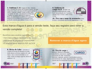 12 13
5. Emblema L A1 Insígnia de líder. Globinho
oval, contendo um círculo com as quatro classes, em suas
respectivas cores, com uma estrela de quatro pontas ao
centro, conforme o modelo. Usado na faixa, lenço
e prendedor do Líder, como distintivo de liderança
e também na manga esquerda da camisa ou
blusa, em substituição ao emblema A2 a partir do
momento da investidura da sua promoção. Será
produzido somente para adultos (7,5cm x 5,5cm).
6. Insígnias de classes Representam as quatro
classes do currículo do Clube de Aventureiros, nas cores:
Abelhinhas Laboriosas: azul celeste; Luminares: laranja;
Ediﬁcadores: azul marinho; e Mãos Ajudadoras: vinho.
Medindo 1,7 de diâmetro,
serão usadas na aba do
bolso esquerdo da camisa
do uniforme oﬁcial, após a
investidura. O aventureiro
usará o distintivo de maior grau
sempre a direita dos demais,
deslocando os anteriores para o
lado esquerdo, mas mantendo o alinhamento centralizado.
7. Distintivo de Líder O líder usará
o distintivo de liderança acima dos distintivos
das classes, centralizado na aba do bolso
esquerdo, medindo 0,9 cm por 1,3 cm.
8. Divisa de Líder Contendo só
o miolo do desenho do distintivo de líder,
tendo abaixo as divisas regulares de cada
classe, com o contorno bordado na cor
vinho, usada na manga esquerda abaixo do
emblema L A1.
OPCIONAL
11. Tira com o nome do
clube Usado na manga direita da
camisa ou blusa a 1,5 cm abaixo da
costura do ombro; acima da tira de
cargo e do emblema A1. Mede 7,5 cm
de comprimento e 2,5 cm de altura.
Na parte mais alta da curvatura, até
a linha horizontal imaginária, entre
as suas pontas terão 5 cm. Letras
em azul marinho e borda na cor
vinho, sobre fundo branco. No caso de
departamentais, distritais e regionais
usa-se a tira com o nome do campo.
12. Tira de cargo Os
diretores, diretores associados,
conselheiros, instrutores, capelães,
secretários de clube, tesoureiros,
distritais, regionais, pastores, coordenadores gerais e
secretários(as) de campo, departamentais e associados
usarão uma tira designando sua função. É usada na
9. Emblema do
campo local Bordado com
desenho estabelecido pelo campo
local. Será produzido em 2 tamanhos:
infantil (7cm x 4,5cm) e adulto (9cmx
5,5cm).
10. Tira com o nome do aventureiro Acima
do bolso, centralizada com 8 cm de comprimento e 2 cm.
de altura. Na faixa, na parte superior a
6 cm abaixo da altura do ombro direito,
letras bordadas na cor azul marinho,
fundo branco e bordas vinho.
5 mm
4 mm
22,5 mm
25mm
2 mm
3 mm
45 mm
74mm3mm
11 mm
tamanho infantil
70 mm
20mm
45mm
25mm
PANTONE
511C
PANTONE
ORANGE
021C
PANTONE
2758C
PANTONE
116C
PANTONE
801C
PANTONE
511C
PANTONE
ORANGE
021C
PANTONE
2758C
PANTONE
116C
PANTONE
801C
CORES DOS
EMBLEMAS
CORES DAS
DIVISAS1 3333
AVENTUREIROS
AVENTUREIROS
NOME DE CAMPO
NOME DO CLUBE
 