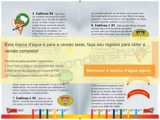 24 25
4. Emblema D4 Apresenta
um triângulo em perspectiva sobre
um globo com o desenho da América
do Sul. No Globo o fundo é verde e
o mapa branco com borda amarela.
Deve ser usado na camiseta e boné
do uniforme de atividades e no
colete. Pode ser usado sempre que se
justiﬁcar o uso de uma identiﬁcação
menos formal. Para ﬁns promocionais,
também poderá ser usado traçado em uma cor.
5. Emblema D5 Difere do D3 por
possuir um traço acima do escudo. Usado
nos distintivos das classes e platina/galão
de diretor.
6. Emblema L D1 Octógono que representa a
liderança dos Desbravadores. Conﬁrma que o líder está
credenciado internacionalmente, com
autoridade para participar nas cerimônias
de investidura. Cada um dos oito lados tem
a mesma medida, contendo o globo ovalizado
ao centro com as linhas meridionais e
cartesianas na cor amarela, fundo azul
celeste, mapas na cor verde totalizando 7,5 cm x 7,5 cm.
Moldurado por seis estrelas douradas que simbolizam as
classes regulares. Possui a borda geral amarela. É usado no
lenço, no prendedor e na faixa do líder.
7. Emblema L D2 Globo de Líder
Máster, contendo uma estrela prateada de
sete pontas no centro sobre um triângulo
xxxxxxxx 777777777777 5555555555555555 cccccccccccccccccmmmmmmmmmmmmmmmmmmmmmmmm
em vermelho aplicado em um fundo verde musgo claro.
Será usado pelos investidos em Líder Máster na manga
esquerda e, com um distintivo correspondente, na tampa
do bolso esquerdo, medindo 7,5 cm x 5,5 cm.
8. Emblema L D3 Globo de Líder Máster Avançado,
contendo uma estrela dourada de sete pontas
ao centro sobre um triângulo em azul aplicado
em um fundo verde musgo claro. Será usado
pelos investidos em Líder Máster Avançado
na manga esquerda e, com um distintivo
correspondente, na tampa do bolso esquerdo, medindo 7.5 cm x
5,5 cm.
9. Emblema L D4 Apresenta
um triângulo em perspectiva sobre um
emblema L D1. Deve ser usado pelos líderes
de Desbravadores em seu uniforme de
atividades sempre que se justiﬁcar o uso de
uma identiﬁcação menos formal. Também para
ﬁns promocionais, poderá ser usado traçado em uma cor.
10. Tira com o NOME DO CLUBE
Usada na manga direita da camisa
ou blusa acima da tira de cargo e do
emblema D1. Medindo 7,5 x 2,5 cm.
Na parte mais alta da curvatura, até
a linha horizontal imaginária, entre
as suas pontas terá 5 cm. Letras e
borda na cor amarela, sobre fundo
vermelho. Colocado a 1,5 cm abaixo da
costura do ombro direito. No caso de
departamentais, distritais, regionais,
secretárias e associados de campo
usarão a tira NOME DO CAMPO.
aaaaaa
PANTONE
2758C
PANTONE
2758C
PANTONE
104C
PANTONE
1795C
PANTONE
1807C
PANTONE
1795C
PANTONE
3425C
PANTONE
3425C
PANTONE
116C
PANTONE
116C
PANTONE
298C
PANTONE
298C
CORES DOS
EMBLEMAS
DESBRAVADORES
DESBRAVADORES
NOME DO CLUBE
NOME DE CAMPO
 