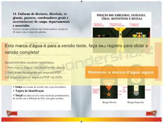 44 45
c. Na camiseta ou em outros materiais
promocionais, será usado o emblema L4
d. Cobertura para líderes investidos: Chapéu tipo
australiano, cor azul marinho, com as listras das
classes em ordem ascendente da esquerda para a
Tira com
nome
do campo
Tira de
cargo
Emblema
D1
Estrela de
tempo de
serviço
1,5 cm 1,5 cm
1 cm
2 cm
1 cm
7,5 cm
1 cm
3 cm
5 cm
Emblema
campo
local
Emblema
D2
Divisa
de
Líder
1 cm
5,5 cm
5 cm
1 cm
10.5 cm
Manga Direita Manga Esquerda
POSIÇÃO DOS EMBLEMAS, INSÍGNIAS,
TIRAS, DISTINTIVOS E DIVISAS
Tarjeta de
identificação
Distintivos de
classes avançadas
Distintivo de
classe de líder
Distintivos de
classes regulares
Torçal
Insígnia de
excelência
14. Uniforme de diretores, distritais, re-
gionais, pastores, coordenadores gerais e
secretários(as) de campo, departamentais
e associados
Usarão o mesmo uniforme dos Desbravadores (acima de
16 anos) com a respectiva platina.
• Túnica/Terno verde petróleo cor e tecidos (definidos
pela DSA), modelo americano.
• Camisa branca, lisa sem detalhes
• Gravata preta lisa sem detalhes.
• Cinto verde petróleo com ﬁvela tendo o emblema D3.
• Platinas/Galão no mesmo tecido do Túnica/terno
com tira(s) dourada(s) de acordo com seu cargo.
• Tira de cargo conforme seu cargo, na manga direita,
e a identificação do campo no seu local regulamentar.
• Lenço será usado de acordo com a sua investidura.
• Tarjeta de identificação
• Torçal nas duas ou três cores nacionais predominantes,
de acordo com a deﬁnição da DSA, com apito no bolso.
UNIFORME EXCLUSIVO DE
DEPARTAMENTAIS E ASSOCIADOS
DESBRAVADORES
DESBRAVADORES
 