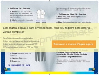 52 53
1. Uniforme JA - feminino
a. Blusa Branca lisa, sem detalhes.
Modelo social, para uso de lenço, com
pin JA de admissão no centro na parte
superior do bolso.
b. Saia Em tecido Oxford cinza médio
lisa, com racho atras.
c. Lenço Na cor vinho em tira no
tamanho 60cm x 6cm amarrado ao
pescoço. (Modelo deﬁnido pela DSA).
e. Meia-calça cor da pele.
f. Sapatos pretos.
2. Uniforme JA - masculino
a. Camisa Branca lisa, sem detalhes.
Modelo social para uso de gravata com
com pin JA de admissão no centro na parte
superior do bolso.
b. Calça Social cinza médio com bolsos
embutidos.
c. Gravata Lisa na cor vinho. Uso
obrigatório.
e. Sapatos e cinto pretos.
f. Meias pretas.
III. UNIFORME DE LÍDER
Para uso exclusivo de líderes e jovens investidos em líder,
líder master e líder master avançado de jovens.
1. Uniforme de líder JA - feminino
a. Blusa, lenço, saia, meia e sapato Conforme
uniforme JA feminino.
d. Blazer Em tecido azul marinho, com 2 botões dourados
na frente e 2 na manga, contendo a insígnia JA em metal
no bolso esquerdo e o respectivo distintivo de liderença
na lapela direita. (Apenas a insígnia referente a mais alta
investidura).
2. Uniforme de líder JA - masculino
a. Camisa, calça, gravata, sapatos, cintos e meias
Conforme uniforme JA masculino.
d. Blazer Em tecido azul marinho, com 3 botões dourados
na frente e 3 na manga, contendo a insígnia JA em metal
no bolso esquerdo e o respectivo distintivo de liderença
na lapela direita. (Apenas a insígnia referente a mais alta
investidura).
3. Uniforme de Distritais, Regionais,
Pastores, Secretários(as) de
Associação, Missão, União, Divisão,
Associados e Departamentais.
O mesmo uniforme JA de líder, mas apenas para
aqueles investidos em líder, líder master, e líder master
avançado.
JOVENS
JOVENS
33333
Frente Costas
 