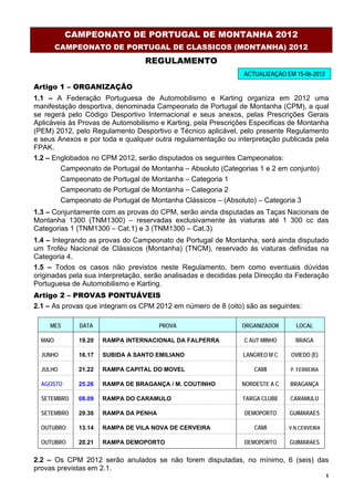 CAMPEONATO DE PORTUGAL DE MONTANHA 2012
         CAMPEONATO DE PORTUGAL DE CLASSICOS (MONTANHA) 2012
                                 REGULAMENTO
                                                                ACTUALIZAÇÃO EM 15-06-2012

Artigo 1 – ORGANIZAÇÃO
1.1 – A Federação Portuguesa de Automobilismo e Karting organiza em 2012 uma
manifestação desportiva, denominada Campeonato de Portugal de Montanha (CPM), a qual
se regerá pelo Código Desportivo Internacional e seus anexos, pelas Prescrições Gerais
Aplicáveis às Provas de Automobilismo e Karting, pela Prescrições Especificas de Montanha
(PEM) 2012, pelo Regulamento Desportivo e Técnico aplicável, pelo presente Regulamento
e seus Anexos e por toda e qualquer outra regulamentação ou interpretação publicada pela
FPAK.
1.2 – Englobados no CPM 2012, serão disputados os seguintes Campeonatos:
        Campeonato de Portugal de Montanha – Absoluto (Categorias 1 e 2 em conjunto)
        Campeonato de Portugal de Montanha – Categoria 1
        Campeonato de Portugal de Montanha – Categoria 2
        Campeonato de Portugal de Montanha Clássicos – (Absoluto) – Categoria 3
1.3 – Conjuntamente com as provas do CPM, serão ainda disputadas as Taças Nacionais de
Montanha 1300 (TNM1300) – reservadas exclusivamente às viaturas até 1 300 cc das
Categorias 1 (TNM1300 – Cat.1) e 3 (TNM1300 – Cat.3)
1.4 – Integrando as provas do Campeonato de Portugal de Montanha, será ainda disputado
um Troféu Nacional de Clássicos (Montanha) (TNCM), reservado às viaturas definidas na
Categoria 4.
1.5 – Todos os casos não previstos neste Regulamento, bem como eventuais dúvidas
originadas pela sua interpretação, serão analisadas e decididas pela Direcção da Federação
Portuguesa de Automobilismo e Karting.
Artigo 2 – PROVAS PONTUÁVEIS
2.1 – As provas que integram os CPM 2012 em número de 8 (oito) são as seguintes:

     MES     DATA                     PROVA                    ORGANIZADOR       LOCAL

  MAIO       19.20   RAMPA INTERNACIONAL DA FALPERRA            C AUT MINHO     BRAGA

  JUNHO      16.17   SUBIDA A SANTO EMILIANO                   LANGREO M C     OVIEDO (E)

  JULHO      21.22   RAMPA CAPITAL DO MOVEL                        CAMI        P. FERREIRA

  AGOSTO     25.26   RAMPA DE BRAGANÇA / M. COUTINHO           NORDESTE A C   BRAGANÇA

  SETEMBRO   08.09   RAMPA DO CARAMULO                         TARGA CLUBE    CARAMULO

  SETEMBRO   29.30   RAMPA DA PENHA                             DEMOPORTO     GUIMARAES

  OUTUBRO    13.14   RAMPA DE VILA NOVA DE CERVEIRA                CAMI       V.N.CERVEIRA

  OUTUBRO    20.21   RAMPA DEMOPORTO                            DEMOPORTO     GUIMARAES


2.2 – Os CPM 2012 serão anulados se não forem disputadas, no mínimo, 6 (seis) das
provas previstas em 2.1.
                                                                                             1
 