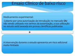 Medicamento experimental:
Coberto por uma autorização de introdução no mercado OU
não sendo utilizado nos termos da autorização, a sua utilização
no estudo está baseada em provas cientificas publicadas
+
A intervenção durante o estudo apresenta um risco adicional
muito limitado
Ensaio Clinico de baixo risco
 