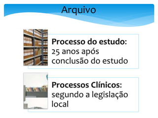 Arquivo
Processo do estudo:
25 anos após
conclusão do estudo
Processos Clínicos:
segundo a legislação
local
 