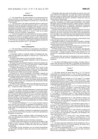 Diário da República, 2.ª série—N.º 45—5 de março de 2015 5606-(5)
Artigo 2.º
Alunos internos
1 — No ensino básico, são alunos internos os que frequentam até ao
final do ano letivo o seu plano de estudos, em escolas ou, ainda, em
seminários abrangidos pelo disposto no Decreto-Lei n.º 293-C/86, de
12 de setembro.
2 — No ensino básico, são ainda considerados internos os alunos que
frequentam percursos curriculares alternativos (PCA), o ensino básico
recorrente, cursos de educação e formação (CEF) de nível 1 ou 2 de
qualificação do Quadro Nacional de Qualificações (QNQ), programas
integrados de educação e formação (PIEF), se pretenderem prosseguir
estudos no ensino básico geral, no 2.º ou no 3.º ciclo ou, no ensino
secundário, em cursos científico—humanísticos.
3 — No ensino secundário, são alunos internos os dos cursos científico-
-humanísticos, excluindo os do ensino recorrente, que frequentem até
ao final do ano letivo as disciplinas sujeitas a exame final nacional,
em escolas ou em seminários abrangidos pelo disposto no Decreto-Lei
n.º 293-C/86, de 12 de setembro, e que reúnam as condições de admissão
a exame previstas na alínea a) do n.º 1 do artigo 19.º
Artigo 3.º
Alunos autopropostos
1 — No ensino básico, consideram-se autopropostos, para efeitos de
admissão às provas finais de ciclo e provas de equivalência à frequência,
os alunos que:
a) Pretendam validar os resultados obtidos na frequência de semi-
nários não abrangidos pelo disposto no Decreto-Lei n.º 293-C/86, de
12 de setembro;
b) Estejam matriculados no ensino individual e doméstico;
c) Estejam fora da escolaridade obrigatória e não se encontrem a
frequentar qualquer escola;
d) Estejam fora da escolaridade obrigatória, frequentem qualquer ano
de escolaridade dos 2.º ou 3.º ciclos do ensino básico e tenham anulado
a matrícula até ao 5.º dia útil do 3.º período letivo;
e) Tenham realizado na 1.ª fase provas finais do 4.º ou do 6.º ano
de escolaridade, na qualidade de alunos internos, e não tenham obtido
aprovação na avaliação sumativa final do 3.º período, com a ponderação
das classificações obtidas nas provas finais realizadas;
f) Estejam no 9.º ano de escolaridade e não reúnam condições de
admissão como alunos internos às provas finais da 1.ª fase, em resultado
da avaliação sumativa interna final do 3.º período;
g) Tenham realizado na 1.ª fase provas finais do 9.º ano de escolari-
dade, na qualidade de alunos internos e não tenham obtido aprovação na
avaliação sumativa final, com a ponderação das classificações obtidas
nas provas finais realizadas;
h) Tenham ficado retidos por faltas, pela aplicação do previsto nas
alíneas a) e b) do n.º 4 do artigo 21.º da Lei n.º 51/2012, de 5 de setem-
bro — Estatuto do Aluno e Ética Escolar.
2 — No ensino básico, são ainda autopropostos os alunos que estejam
a frequentar ou tenham concluído um processo de reconhecimento,
validação e certificação de competências (RVCC), um curso de educa-
ção e formação de adultos (EFA) ou um curso vocacional e pretendam
prosseguir estudos no ensino básico geral, no 2.º ou no 3.º ciclo ou, no
ensino secundário, em cursos científico — humanísticos, excluindo os
do ensino recorrente, não realizando, contudo, prova oral em Português,
sendo a classificação, para efeito de prosseguimento de estudos, a obtida
nas provas realizadas.
3 — Os alunos de PLNM dos 1.º, 2.º e 3.º ciclos só podem realizar a
prova final de ciclo de PLNM, na qualidade de autopropostos, se esti-
verem nas condições referidas nas alíneas e), f) e g) do n.º 1 do presente
artigo, tendo em consideração que foram alunos internos durante todo
o ano letivo.
4 — No ensino secundário, consideram-se autopropostos, para efeitos
de admissão aos exames finais nacionais e ou provas de equivalência à
frequência, os alunos que:
a) Pretendam validar os resultados obtidos na frequência de semi-
nários não abrangidos pelo disposto no Decreto-Lei n.º 293-C/86, de
12 de setembro;
b) Estejam matriculados no ensino individual e doméstico;
c) Tenham estado matriculados no ano terminal da disciplina a que
respeita o exame ou prova e anulado a matrícula até ao 5.º dia útil do
3.º período letivo, incluindo os alunos dos cursos do ensino artístico
especializado;
d) Pretendam concluir disciplinas cujo ano terminal frequentaram
sem aprovação, incluindo os alunos dos cursos do ensino artístico es-
pecializado;
e) Pretendam obter aprovação em disciplinas do mesmo curso ou de
curso diferente do frequentado, nas quais não estejam matriculados,
desde que estejam ou tenham estado matriculados no ano curricular em
que essas disciplinas são terminais, incluindo os alunos dos cursos do
ensino artístico especializado;
f) Não tendo estado matriculados no ensino público ou no ensino
particular e cooperativo ou, tendo estado matriculados e não estando
abrangidos pela escolaridade obrigatória, tenham anulado a matrícula
em todas as disciplinas até ao 5.º dia útil do 3.º período letivo e possuam
o 3.º ciclo do ensino básico ou habilitação equivalente, incluindo os
alunos dos cursos do ensino artístico especializado;
g) Estejam matriculados nos cursos científico-humanísticos do ensino
recorrente, nos cursos do ensino artístico especializado, nos cursos pro-
fissionais, nos cursos vocacionais ou em outros cursos equivalentes de
nível secundário, cuja certificação não esteja dependente da realização
de exames finais nacionais e pretendam prosseguir estudos no ensino
superior;
h) Pretendam realizar exames finais nacionais exclusivamente como
provas de ingresso para acesso ao ensino superior;
i) Pretendam melhorar a classificação final de disciplina, incluindo
os alunos dos cursos científico-humanísticos do ensino recorrente e dos
cursos do ensino artístico especializado;
j) Pretendam terminar os seus percursos formativos, nos termos esta-
belecidos no Decreto-Lei n.º 357/2007, de 29 de outubro;
k) Tenham ficado excluídos por faltas em disciplinas, pela aplicação
do previsto na alínea b) do n.º 4 do artigo 21.º da Lei n.º 51/2012, de
5 de setembro — Estatuto do Aluno e Ética Escolar, referidos no n.º 10
do artigo 20.º e pretendam realizar provas na 2.ª fase desse mesmo ano
letivo;
l) Pretendam obter aprovação em disciplinas dos cursos científico-
-humanísticos do ensino recorrente, independentemente do regime de
frequência.
5 — Os alunos de PLNM do ensino secundário só podem realizar o
exame final nacional de PLNM (839), na qualidade de autopropostos,
se tiverem frequentado a disciplina de PLNM até ao final do ano letivo.
Artigo 4.º
Inscrições
1 — Os alunos internos do ensino básico dos 4.º, 6.º e 9.º anos de
escolaridade não necessitam, para a 1.ª fase, de efetuar qualquer ins-
crição para as provas finais de ciclo, com exceção dos alunos referidos
no n.º 2 do artigo 2.º
2 — Os alunos internos referidos no n.º 2 do artigo 2.º e os alunos
autopropostos referidos no n.º 2 do artigo 3.º inscrevem-se para a 1.ª fase
das provas finais de ciclo e para a 2.ª fase, no caso de não terem obtido
a classificação exigida para prosseguimento de estudos de acordo com
a legislação específica de cada curso.
3 — Os alunos autopropostos dos 1.º, 2.º e 3.º ciclos, referidos nas
alíneas a), b), c) e d), do n.º 1 do artigo 3.º, inscrevem-se para a 1.ª fase
nas provas de equivalência à frequência, e, para a 2.ª fase, nas disciplinas
em que tenham obtido classificação final inferior a nível 3 na 1.ª fase.
4 — Os alunos autopropostos do 1.º ciclo referidos na alínea e) do
n.º 1 do artigo 3.º, inscrevem-se, para a 2.ª fase, nas provas finais de
ciclo de Português e ou de Matemática, caso tenham obtido classificação
inferior a nível 3.
5 — Os alunos autopropostos do 2.º ciclo referidos na alínea e) do
n.º 1 do artigo 3.º inscrevem-se, para a 2.ª fase, nas provas finais de
ciclo e nas provas de equivalência à frequência, das disciplinas com
classificação inferior a nível 3.
6 — Os alunos autopropostos do 3.º ciclo referidos na alínea f) do n.º 1
do artigo 3.º inscrevem-se, para a 2.ª fase, nas provas finais de ciclo e,
para a 1.ª fase, nas provas de equivalência à frequência das disciplinas
com classificação inferior a nível 3.
7 — Os alunos autopropostos do 3.º ciclo referidos na alínea g) do
n.º 1 do artigo 3.º inscrevem-se, para a 2.ª fase, nas provas finais de
ciclo e nas provas de equivalência à frequência, das disciplinas com
classificação inferior a nível 3.
8 — Os alunos dos 1.º e 2.º ciclos e do 3.º ciclo, referidos, respeti-
vamente, na alínea c) do n.º 3 do artigo 8.º e na alínea d) do n.º 3 do
artigo 13.º, inscrevem-se para a 2.ª fase das provas finais de ciclo de
Português ou de Matemática, na disciplina com classificação inferior
a nível 3.
9 — Os alunos praticantes desportivos de alto rendimento e das se-
leções nacionais inscrevem-se na época especial, de acordo com o
estabelecido nos n.os
10 e 11 do artigo 44.º
10 — Os alunos autopropostos dos 1.º, 2.º e 3.º ciclos, referidos na
alínea h) do n.º 1 do artigo 3.º, inscrevem-se, para a 2.ª fase, nas provas
finais de ciclo de Português e de Matemática.
 