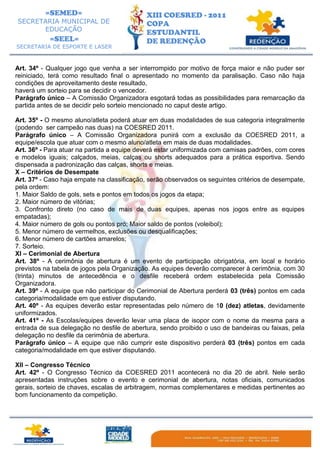 Pré - regulamento geral da XIII COESRED.