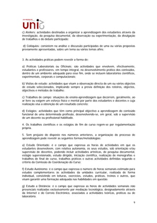c) Ateliers: actividades destinadas a organizar a aprendizagem dos estudantes através da
investigação, da pesquisa documental, da observação ou experimentação, da divulgação
de trabalhos e do debate participado;

 d) Colóquios: consistem na análise e discussão participadas de uma ou várias propostas
previamente apresentadas, sobre um tema ou vários temas afins;


3. As actividades práticas podem revestir a forma de:

a) Práticas Laboratoriais ou Oficinais: são actividades que envolvem, efectivamente,
estudantes e professores, em tempo integral, no desenvolvimento prático dos conteúdos,
dentro de um ambiente adequado para esse fim, onde se incluem laboratórios científicos,
experimentais, corporais e computacionais;

b) Visitas de estudo: actividades que visam a observação directa de um ou vários objectos
de estudo seleccionados, implicando sempre a prévia definição dos roteiros, objectos,
objectivos e métodos de trabalho;

c) Trabalhos de campo: situações de ensino-aprendizagem que decorrem, geralmente, ao
ar livre ou exigem um esforço físico e mental por parte dos estudantes e docentes e cuja
realização visa a obtenção de um resultado concreto;

d) Estágios: actividades que têm como principal objectivo a aprendizagem do conteúdo
funcional de uma determinada profissão, desenvolvendo-se, em geral, sob a supervisão
de um docente ou profissional habilitado.

4. Os trabalhos científicos e os estágios de fim de curso regem-se por regulamentação
própria.

5. Sem prejuízo do disposto nos números anteriores, a organização do processo de
aprendizagem pode revestir as seguintes formas/metodologias:

a) Estudo Orientado: é o campo que expressa as horas de actividades em que os
estudantes desenvolvem, com relativa autonomia, os seus estudos, sob orientação e/ou
supervisão de docentes, podendo incluir actividades artísticas, de pesquisa documental,
estágio supervisionado, estudo dirigido, iniciação científica, realização de monografias e
trabalhos de final de curso, trabalhos práticos e outras actividades definidas segundo o
critério da Comissão de Coordenação do Curso;

f) Estudo Autónomo: é o campo que expressa o número de horas semanais estimado para
estudos complementares às actividades da unidades curricular, realizada de forma
individual, consistindo em leituras, exercícios, estudos, práticas, treinos e outros, que
visam garantir uma formação adequada nas habilidades em questão.

g) Estudo a Distância: é o campo que expressa as horas de actividades semanais não
presenciais realizadas exclusivamente por mediação tecnológica, designadamente através
da Internet e do Correio Electrónico, associadas a actividades teóricas, práticas ou de
laboratório.

                                                                                        9
 