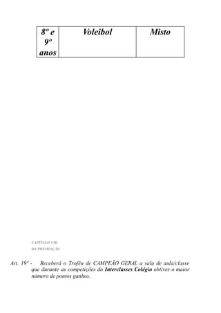 CAPÍTULO VIII
DA PREMIAÇÃO
Art. 19º - Receberá o Troféu de CAMPEÃO GERAL a sala de aula/classe
que durante as competições do Interclasses Colégio obtiver o maior
número de pontos ganhos.
8º e
9º
anos
Voleibol Misto
 